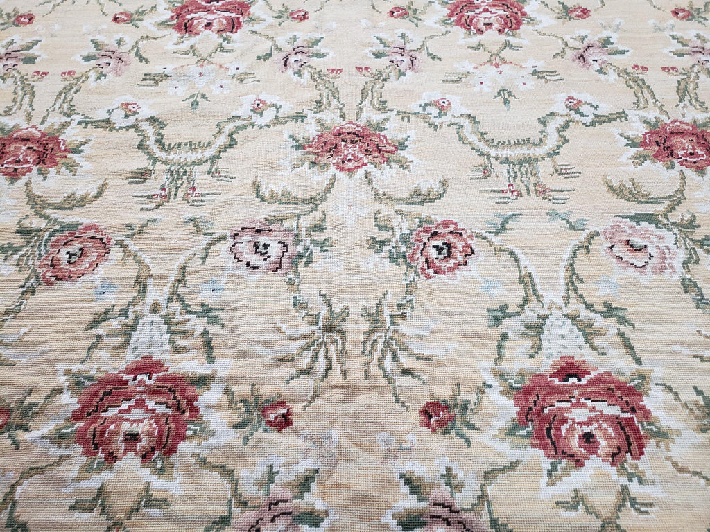 Needlepoint Rug 10x14 Wool Flatweave Carpet, English Floral Pattern, Pale Yellow, Roses, Allover Pattern, Handmade Large Needlepoint Nice