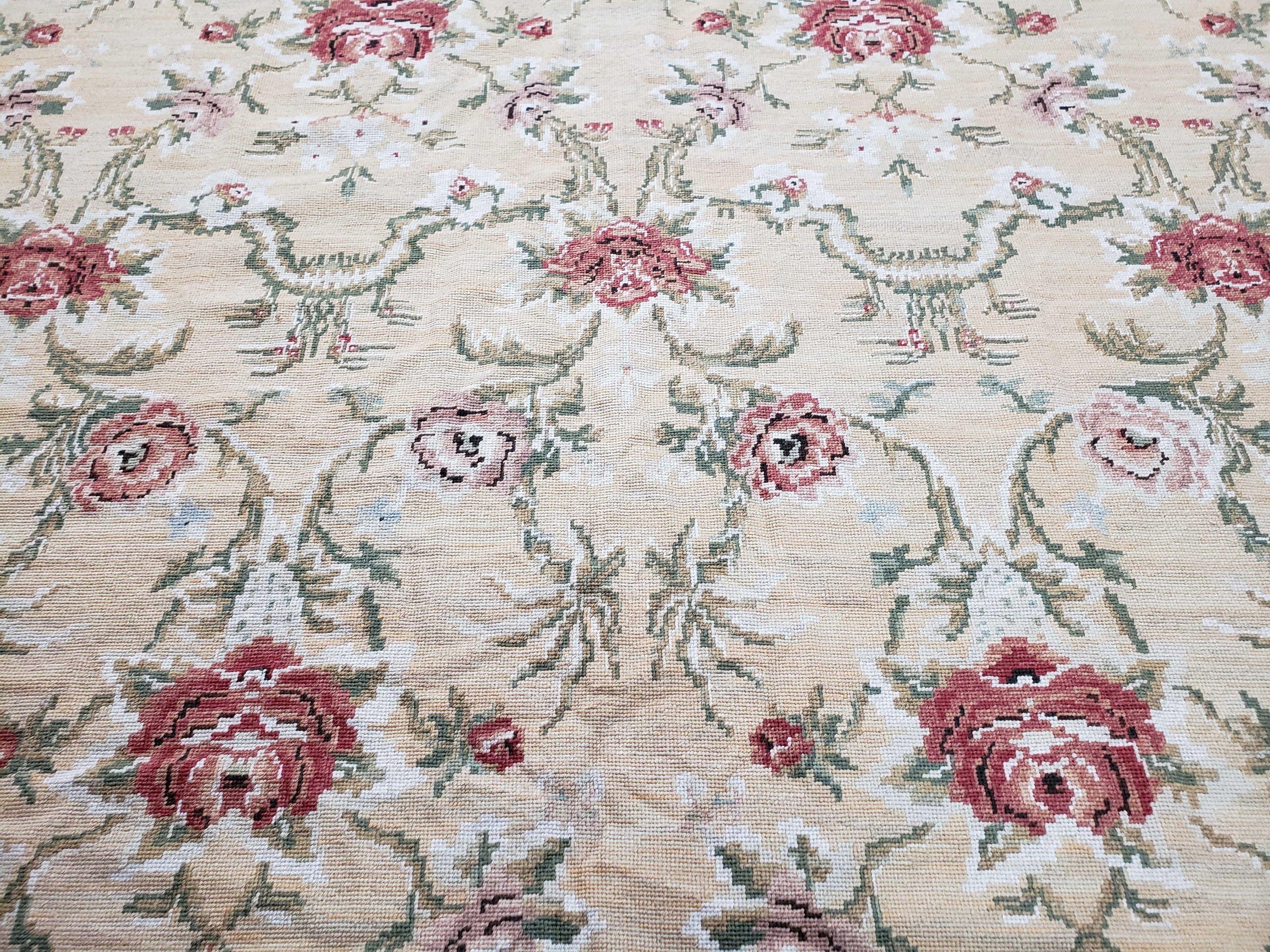 Needlepoint Rug 10x14 Wool Flatweave Carpet, English Floral Pattern, Pale Yellow, Roses, Allover Pattern, Handmade Large Needlepoint Nice