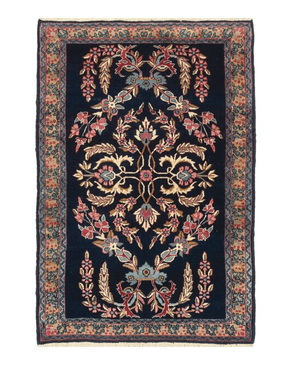 Antique Persian Kerman Rug 2.8 x 4, Navy Blue, Floral