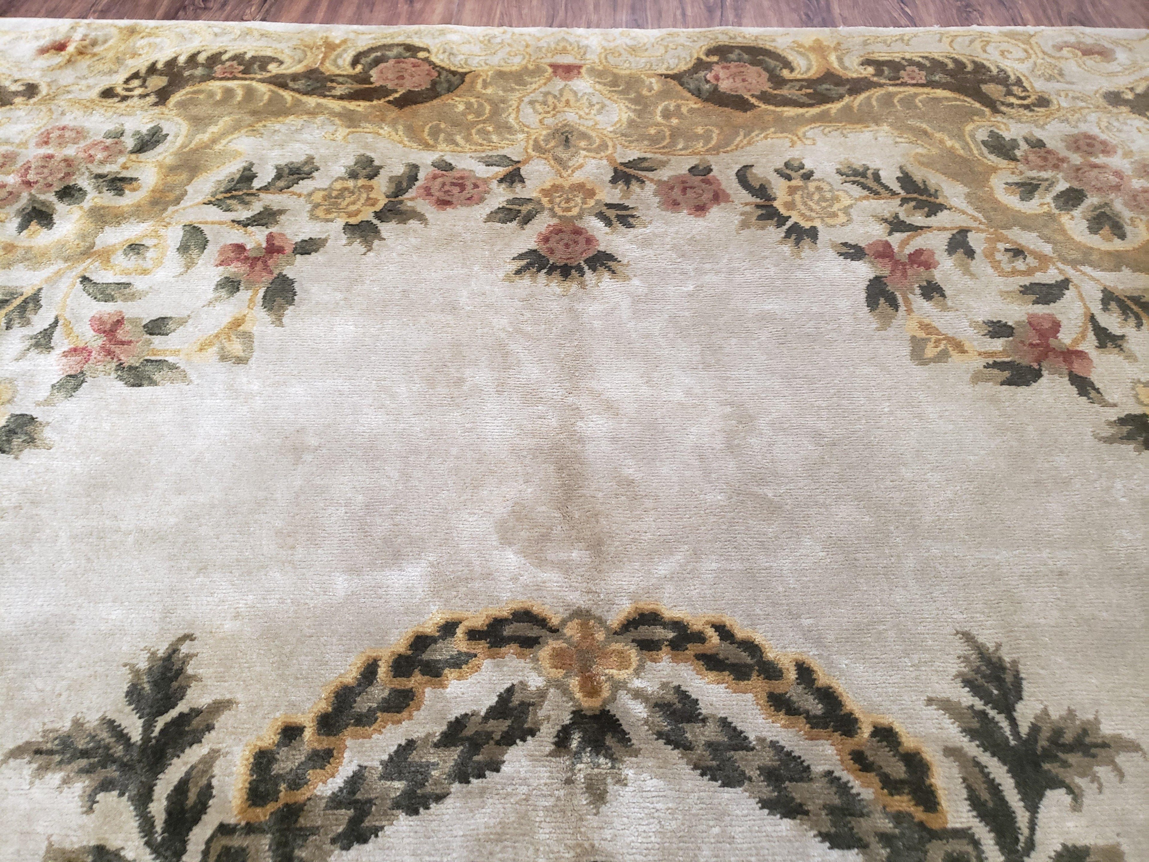 Aubusson Rug 10x14, Elegant French European Design, Vintage Handmade Carpet with Pile, Beige Floral Dining Room Rug, Living Room, Soft Wool