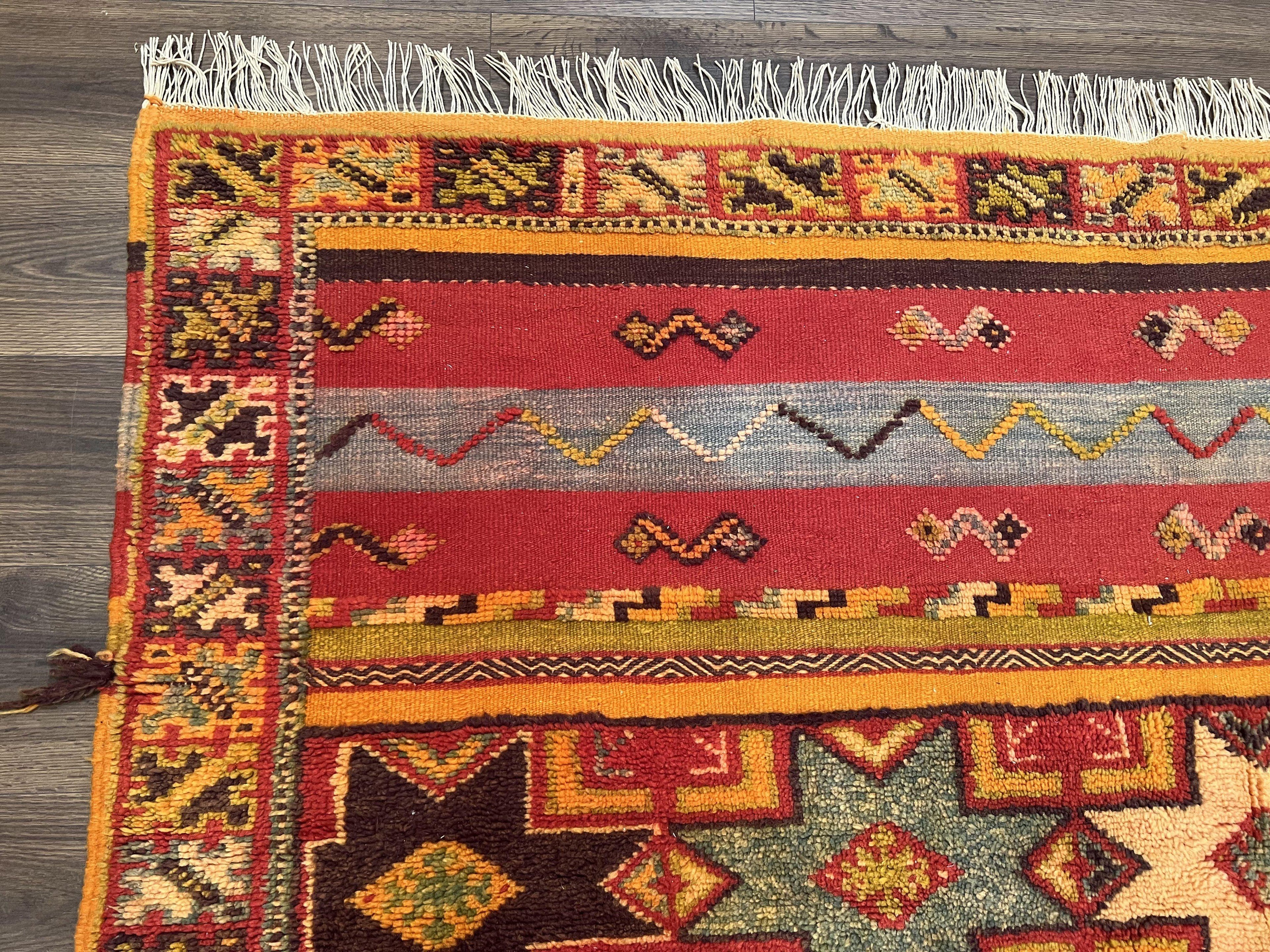 Unique Moroccan Rug 7x10, Room Sized Carpet, Red Orange Gray, Wool Oriental Striped Geometric Tribal Boho Rug, Flatweave with Raised Pile