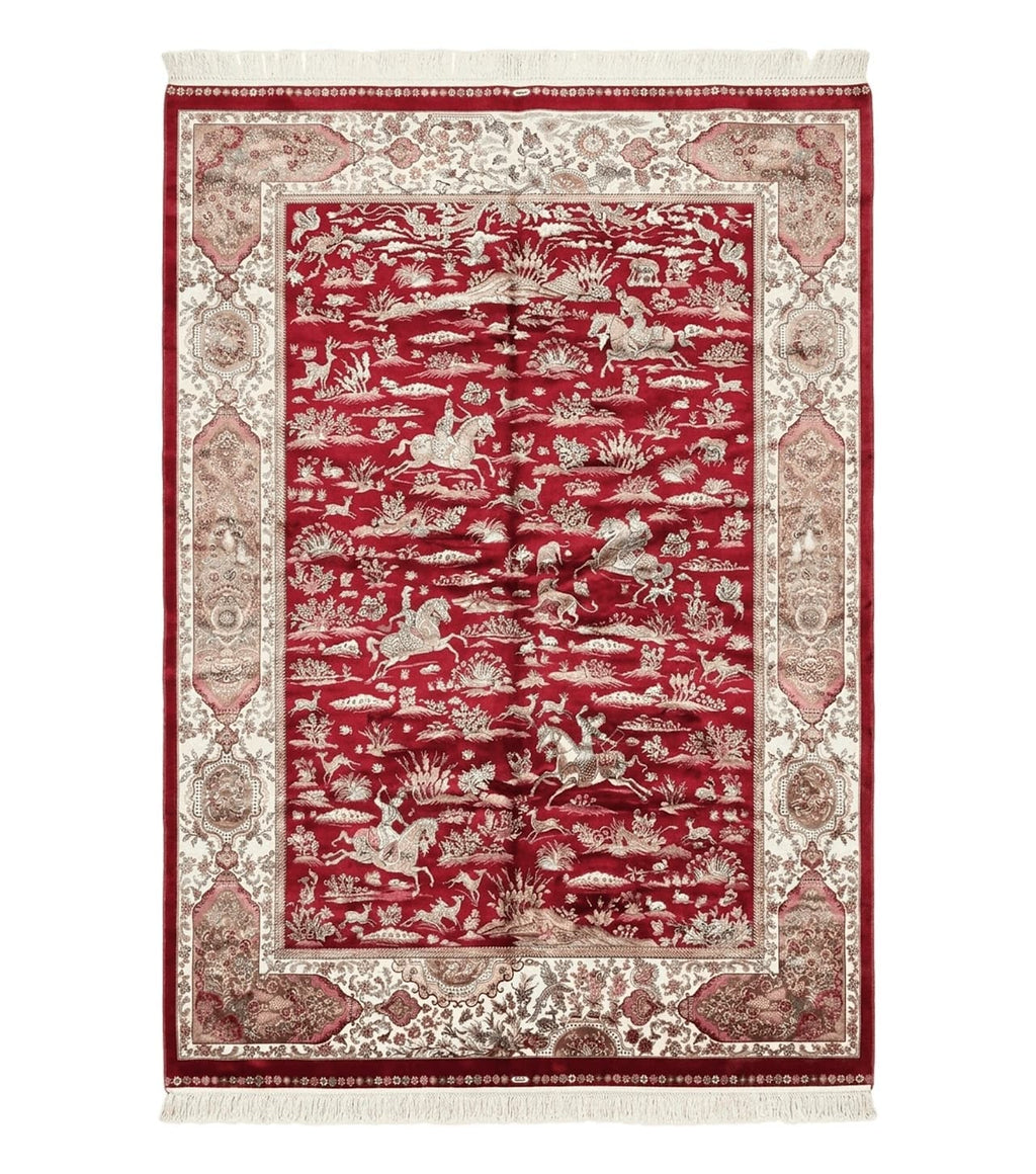 Turkish Silk Hunting Scene Rug 5 x 7.6, Red & Ivory, Bamboo Silk, New