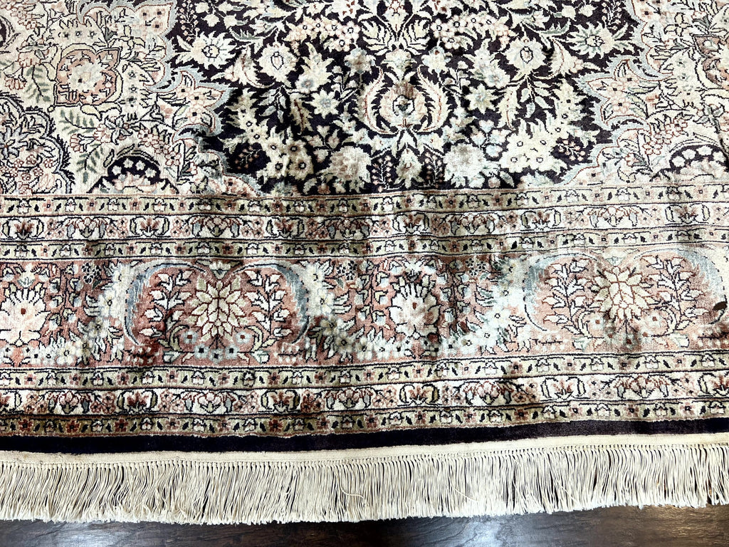 Silk Indian Kashmiri Rug 8x10, Floral Medallion, Indo Persian Carpet, Handmade Vintage Silk Rug
