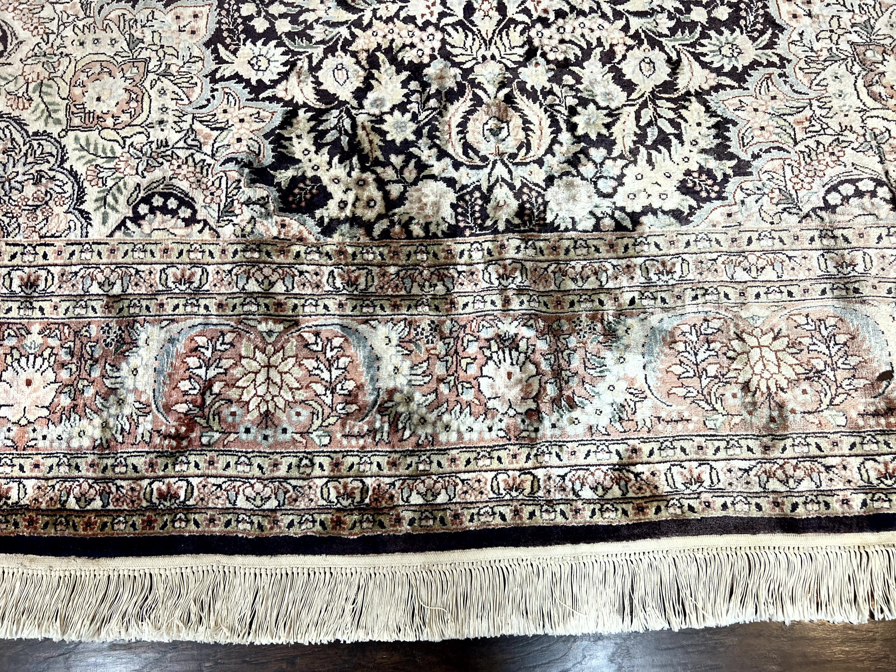 Silk Indian Kashmiri Rug 8x10, Floral Medallion, Indo Persian Carpet, Handmade Vintage Silk Rug
