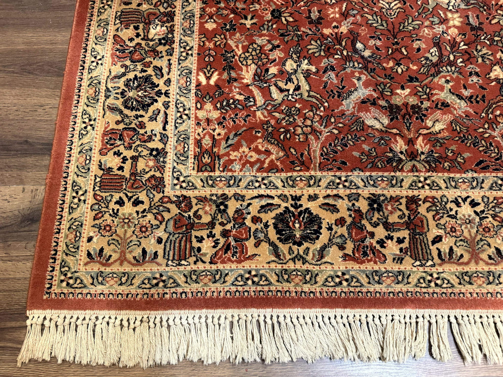 Persian Area Rug 8 x 11.6, Wool, Royal Hunting Scene, Vintage Couristan Rug, Red, Allover Pattern, Belgium Power Loomed