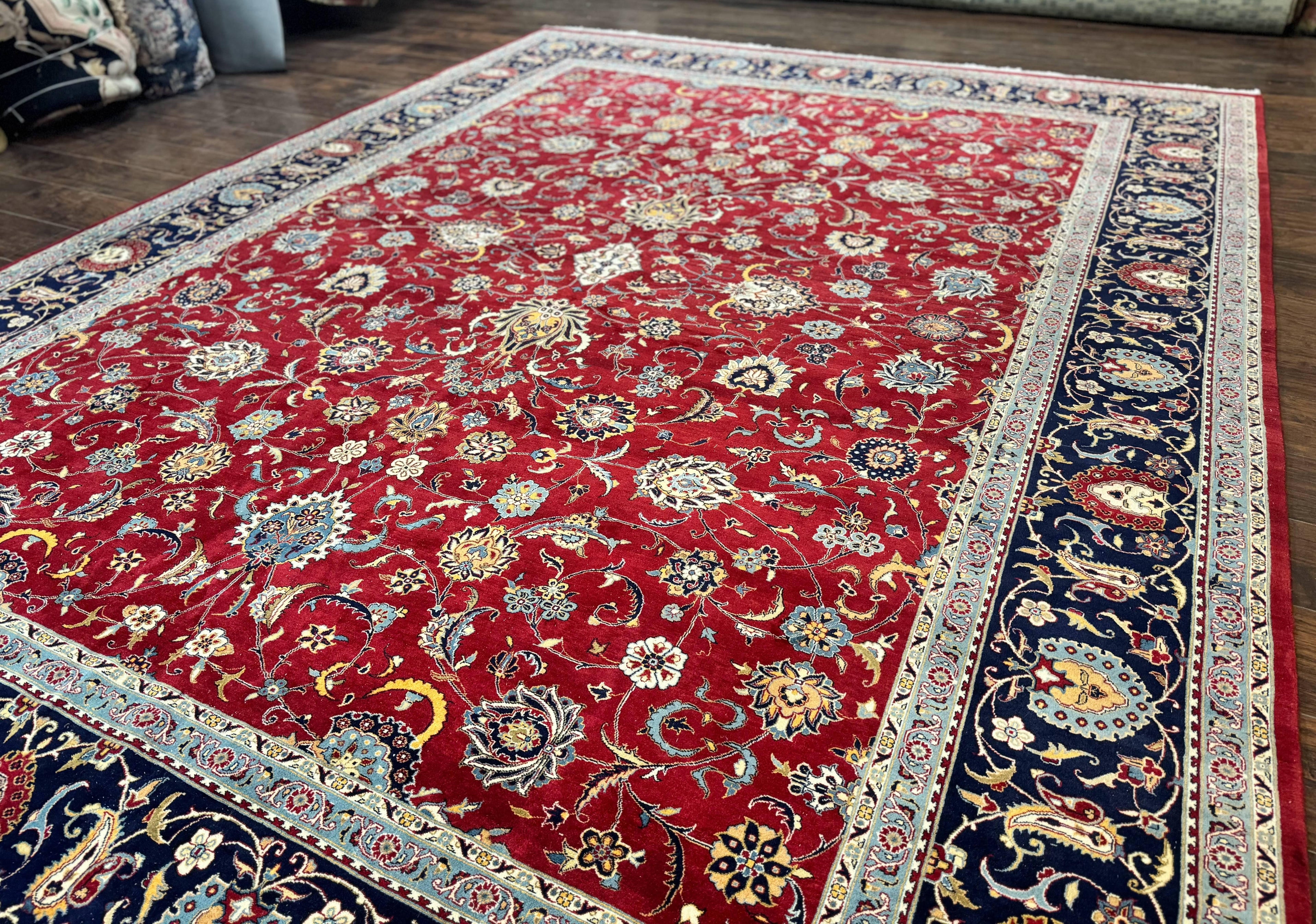 Pak Persian Rug 9x12, Red and Navy Blue, Floral Allover, Hand Knotted Vintage Wool Carpet, Fine 260 KPSI