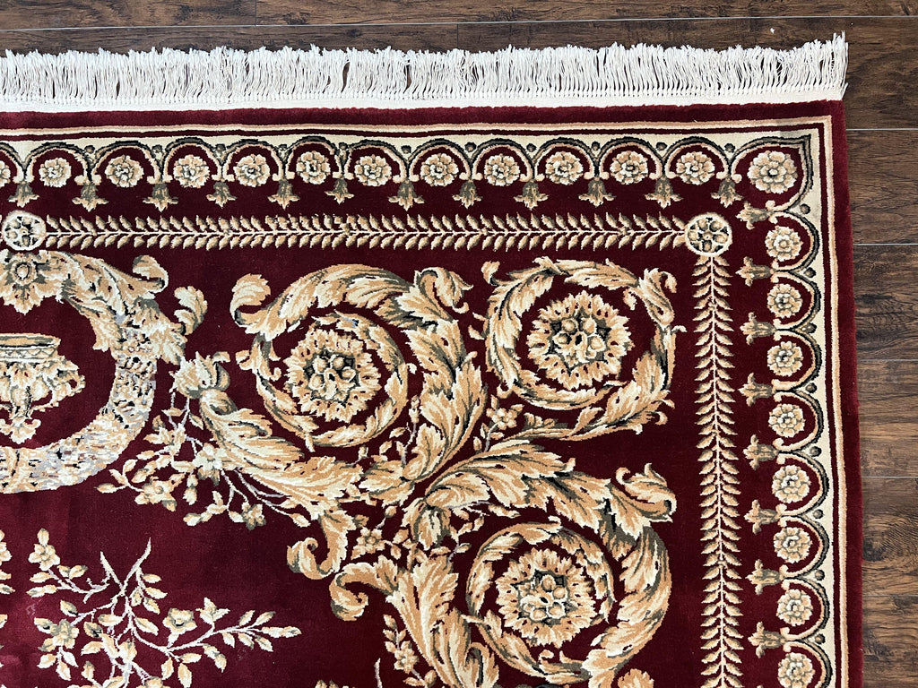 Aubusson Rug 9x12, Wool Handmade Carpet, Elegant French European Design, Dark Maroon Red, 9 x 12 Room Sized Rug, Finely Hand Knotted