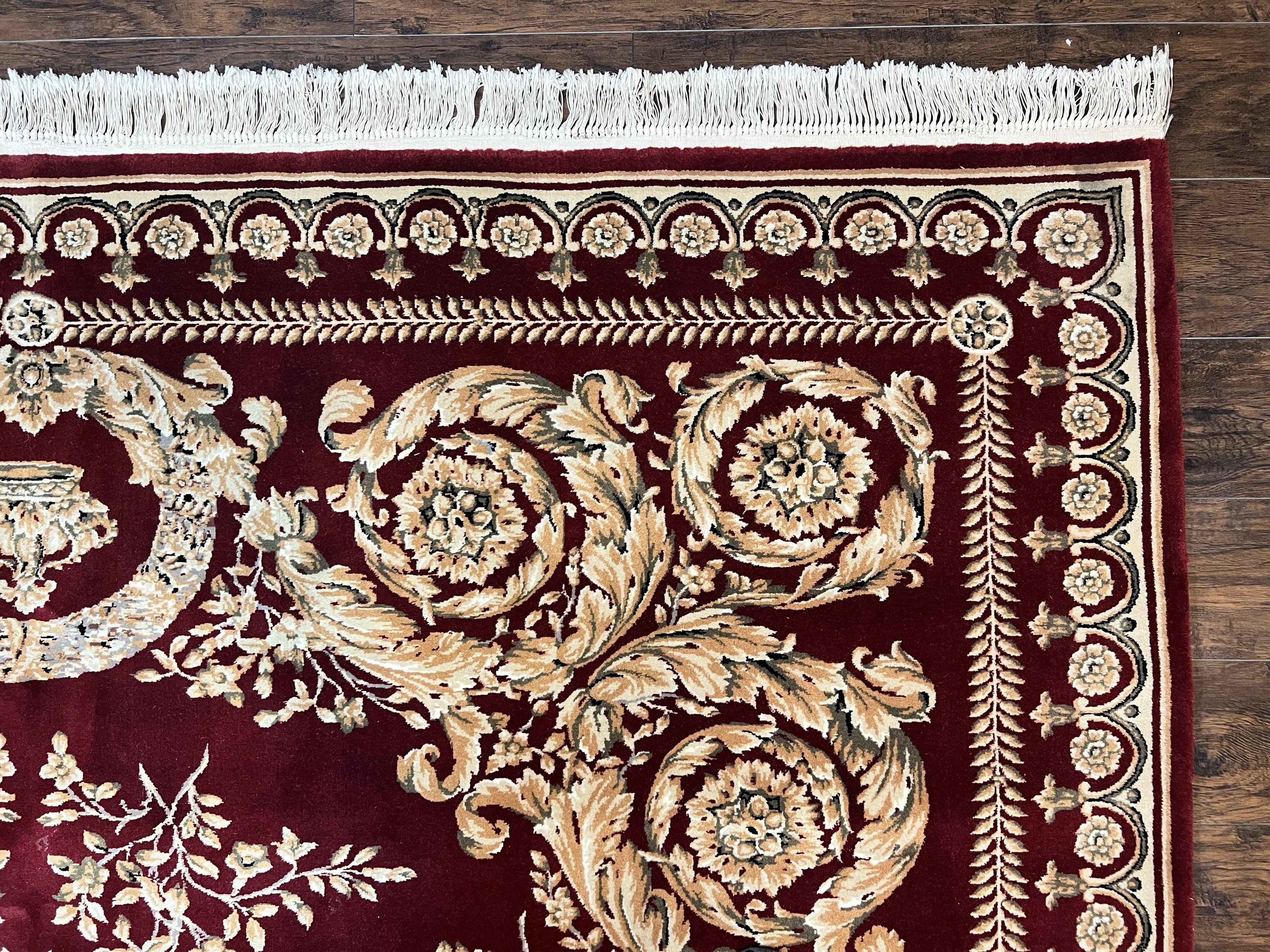 Aubusson Rug 9x12, Wool Handmade Carpet, Elegant French European Design, Dark Maroon Red, 9 x 12 Room Sized Rug, Finely Hand Knotted