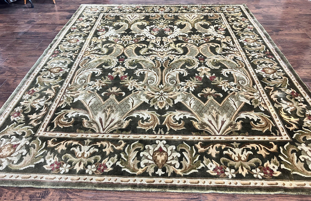 Tibetan Rug 8x10, European Design, Floral, Green, Handmade, Wool, Nepali Rug