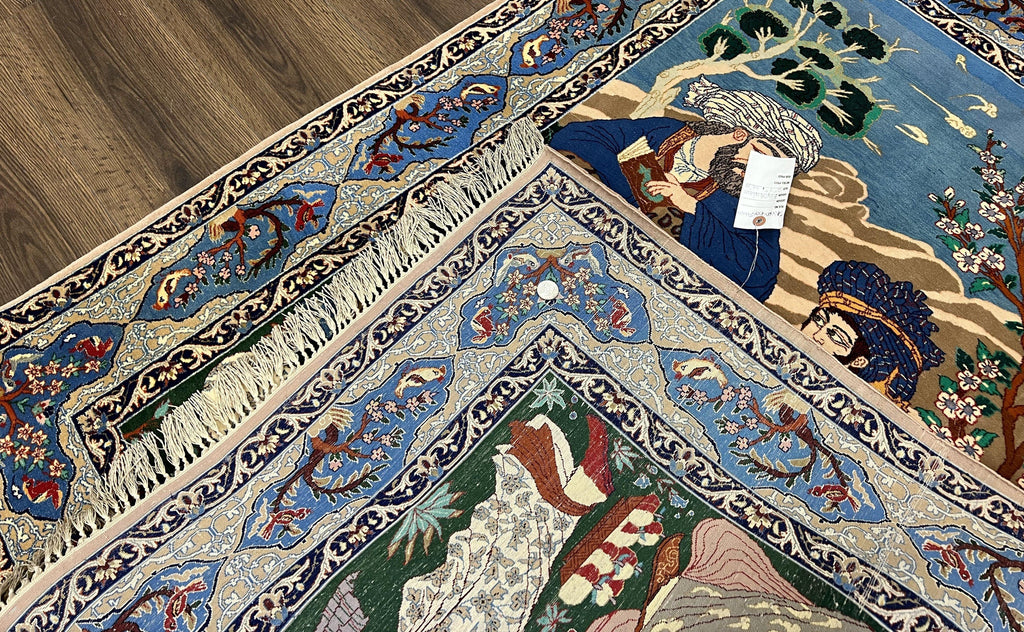 Fine Persian Isfahan Pictorial Rug 3.7 x 5, Kork Wool on Silk Foundation, Blue Persian Carpet, Hand Knotted, Humans Birds, High KPSI, Semi Antique