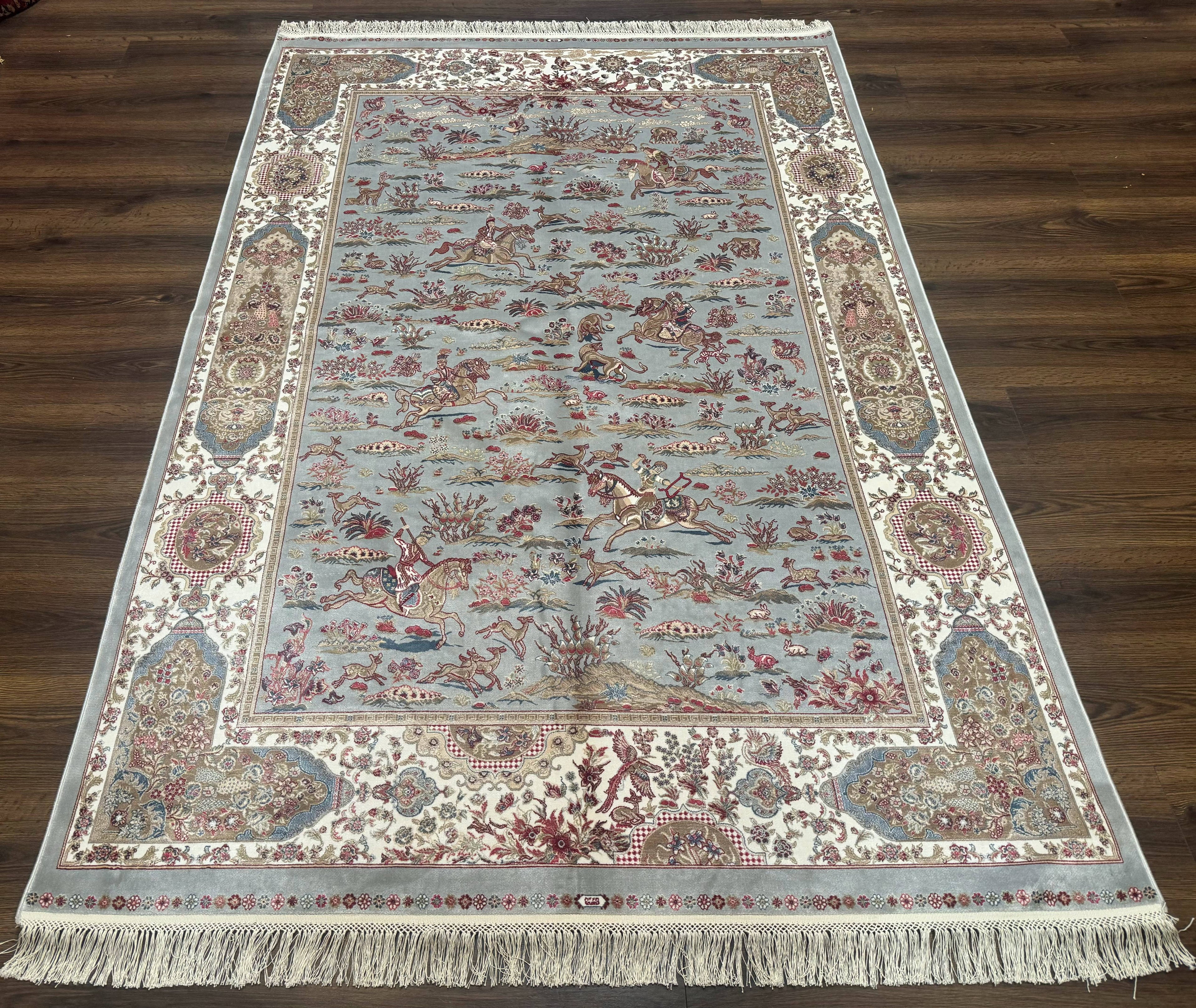 Turkish Silk Rug 5x7, Hunting Design, Animal Pictorials, Bamboo Silk