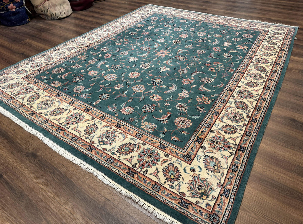 Indo Persian Rug 8x10, Green and Beige Oriental Carpet, Traditional Wool Area Rug, Floral Allover Pattern
