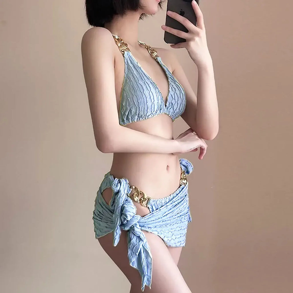 Chain Halter Bikini Set with Skirt – Korean 3PCS Beach Swimwear