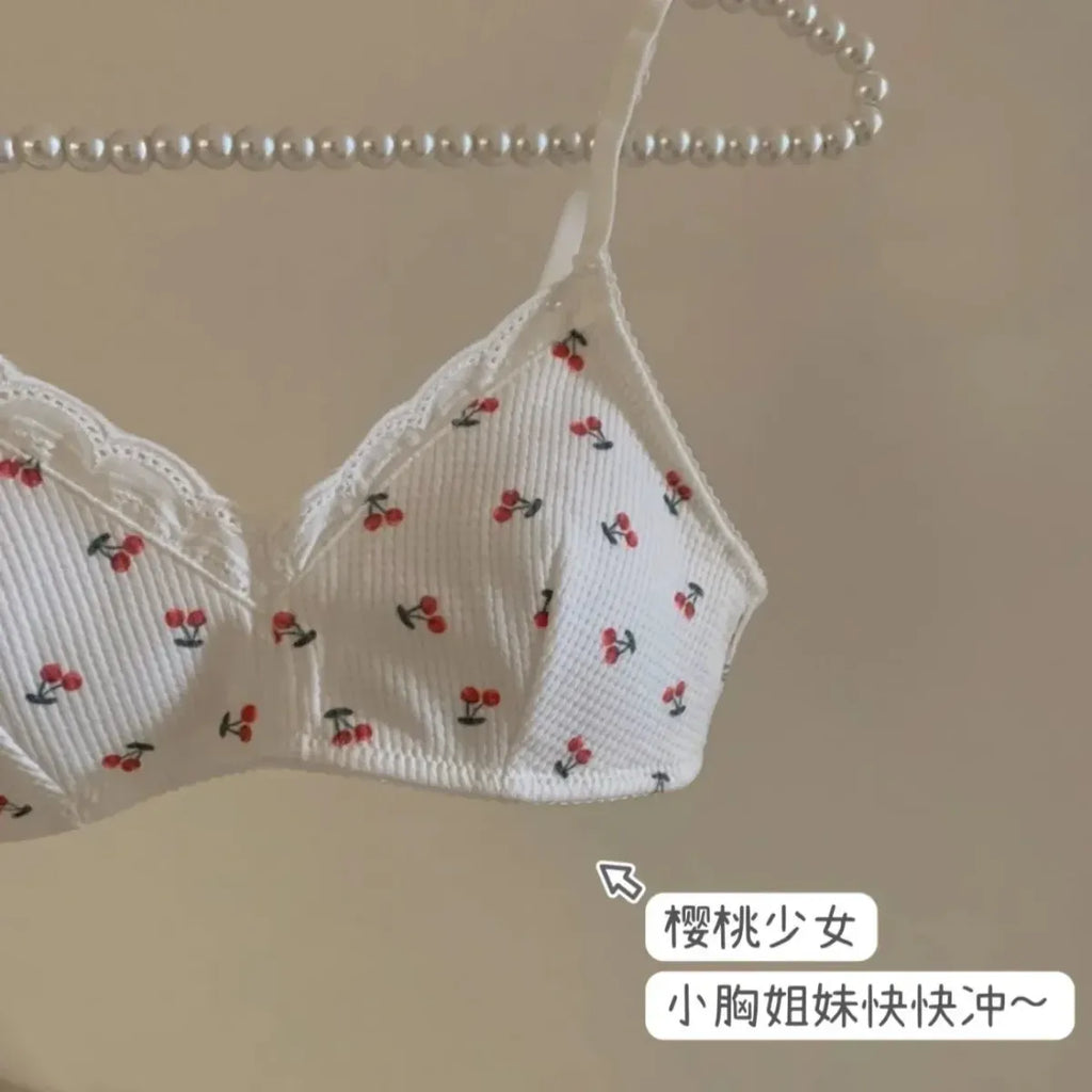 Cherry Print Lace Bra – Seamless Wire-Free Breathable Lingerie