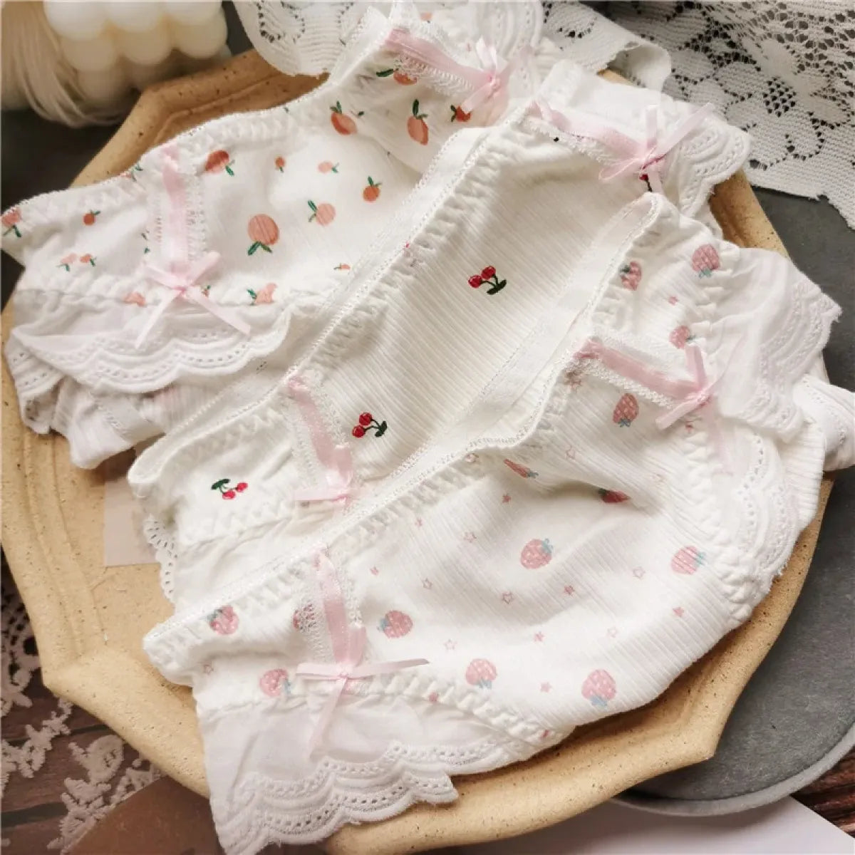 Cotton Lace Low Waist Panties with Fruit Print & Bows – Kawaii Lingerie