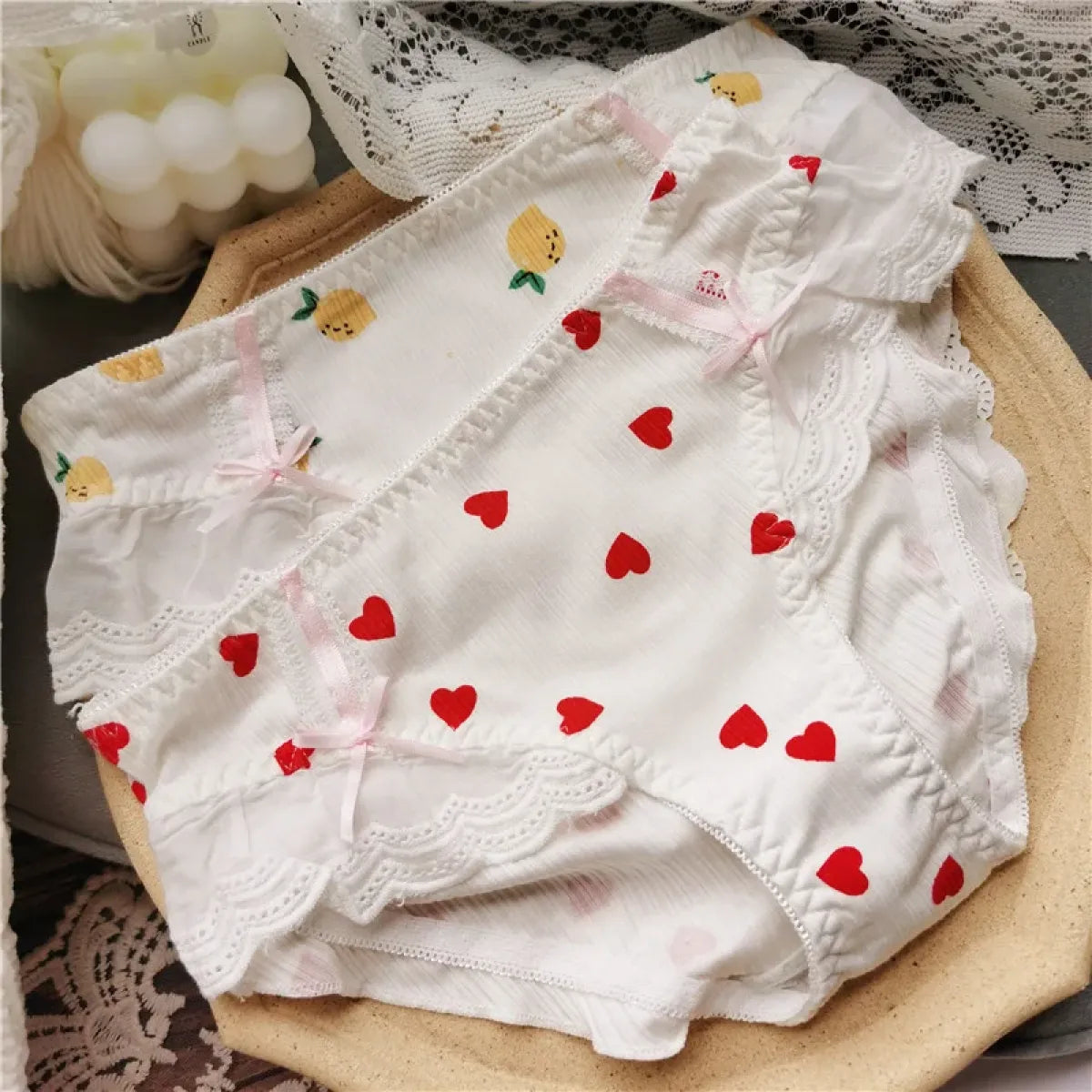 Cotton Lace Low Waist Panties with Fruit Print & Bows – Kawaii Lingerie