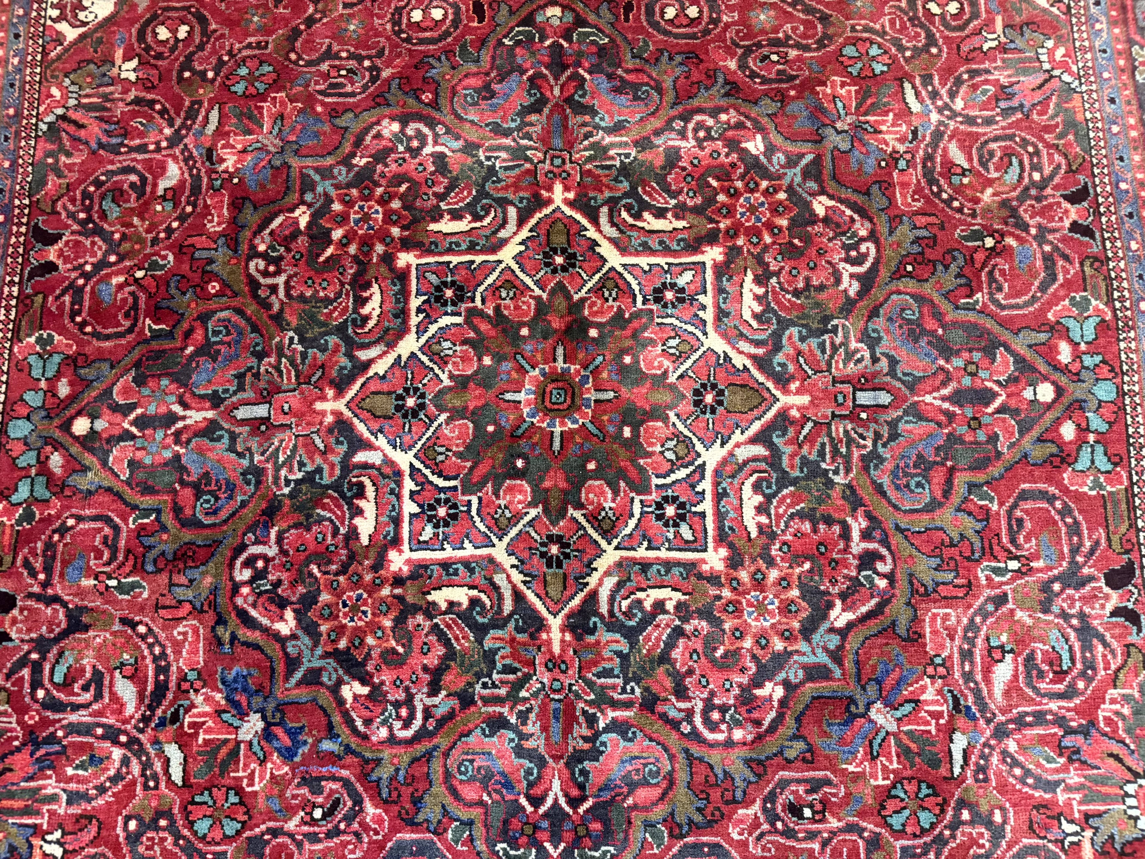 Persian Heriz Rug 7x10, Red and Navy, Geometric Medallion, Vintage Wool Carpet