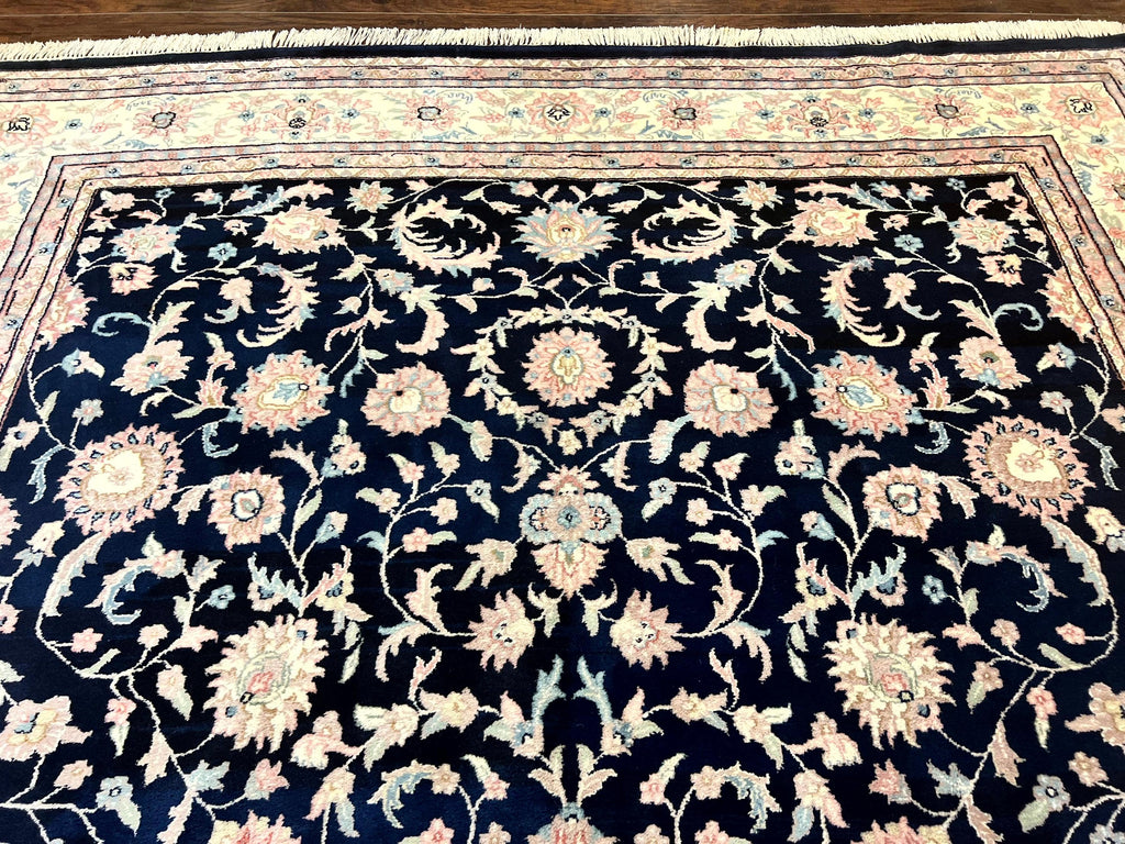 Indo Persian Rug 9x12, Navy Blue and Ivory/Cream, Floral Allover, Wool Vintage Handmade Carpet
