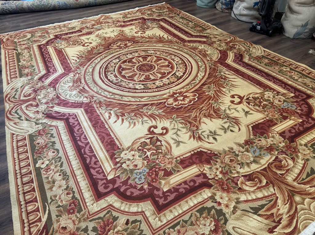 Large Aubusson Rug 10x13, Thick Flatweave Carpet, Elegant European Design, Cream and Raspberry