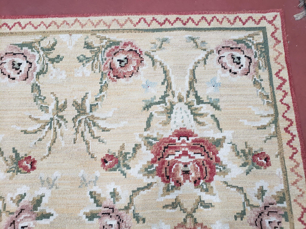 Needlepoint Rug 10x14 Wool Flatweave Carpet, English Floral Pattern, Pale Yellow, Roses, Allover Pattern, Handmade Large Needlepoint Nice