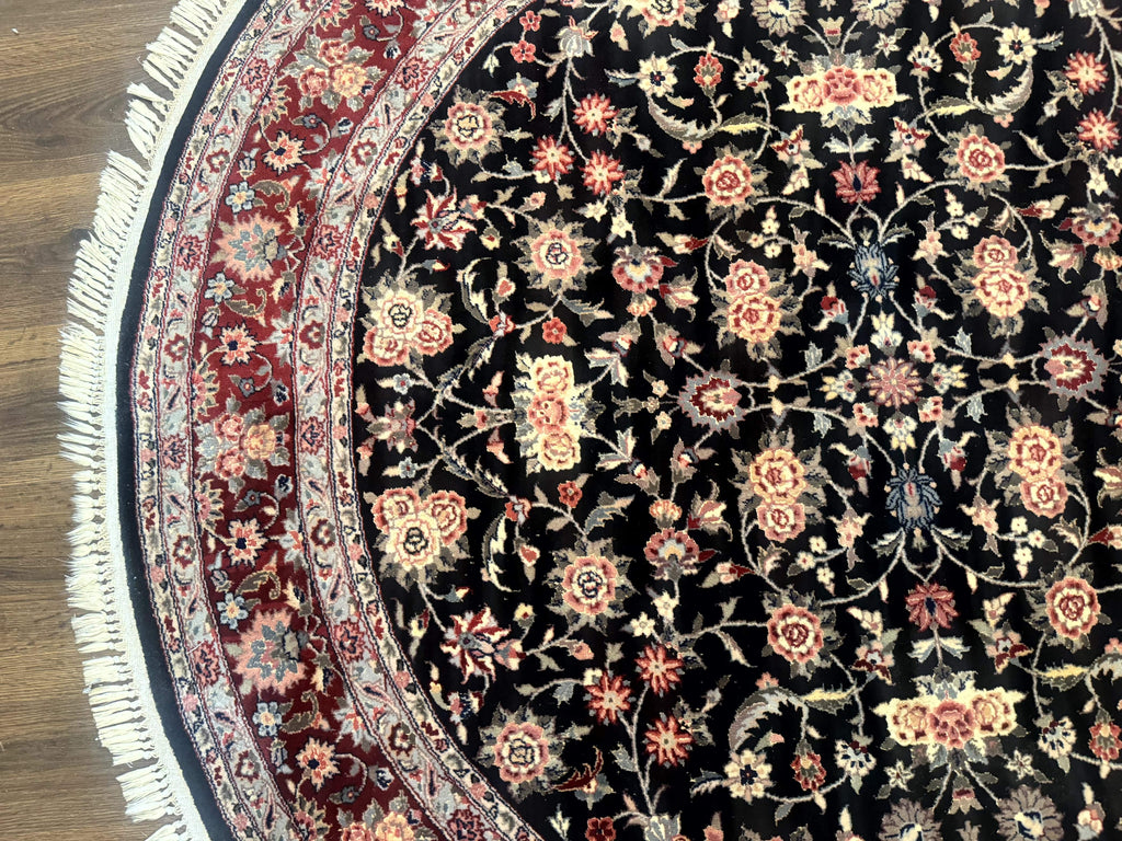Round Sino Persian Rug 6x6, Floral, Navy Blue and Red, Wool and Silk Highlights