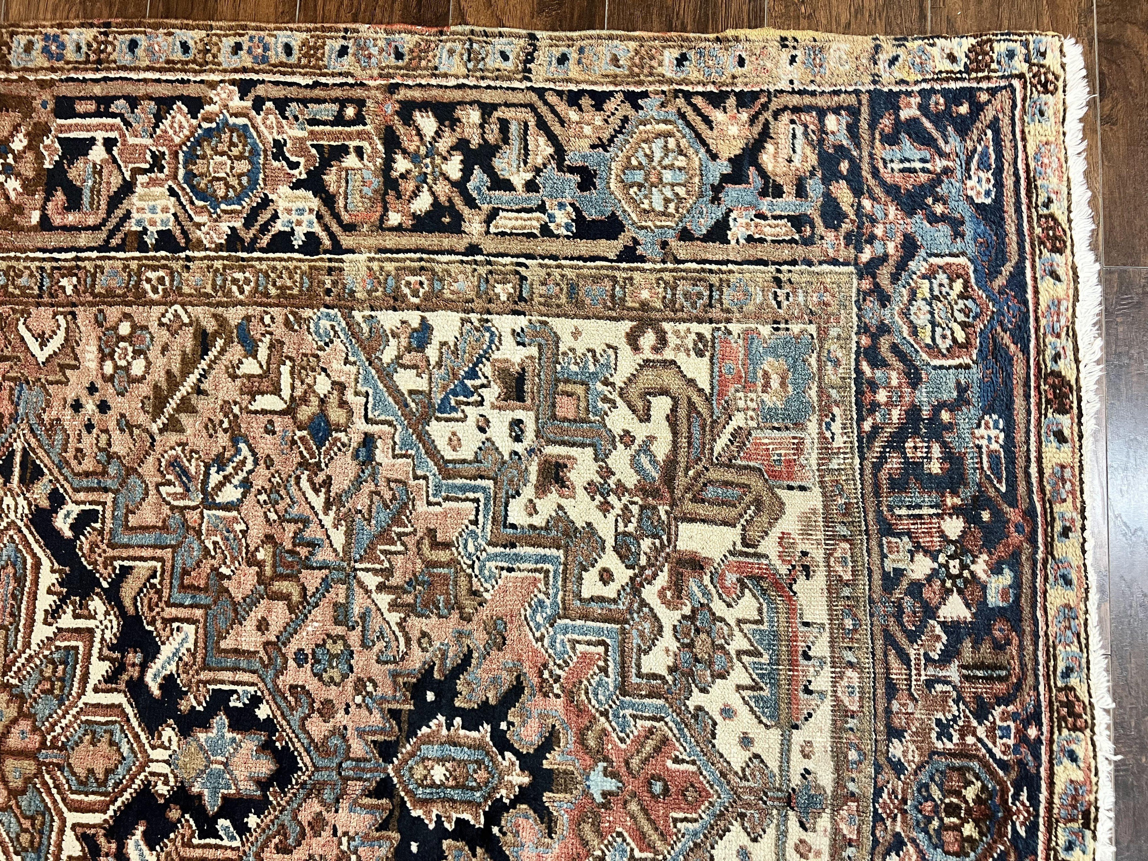 Antique Persian Heriz Rug 6x8, Geometric Medallion, 1920s Oriental Carpet, Handmade Wool Rug