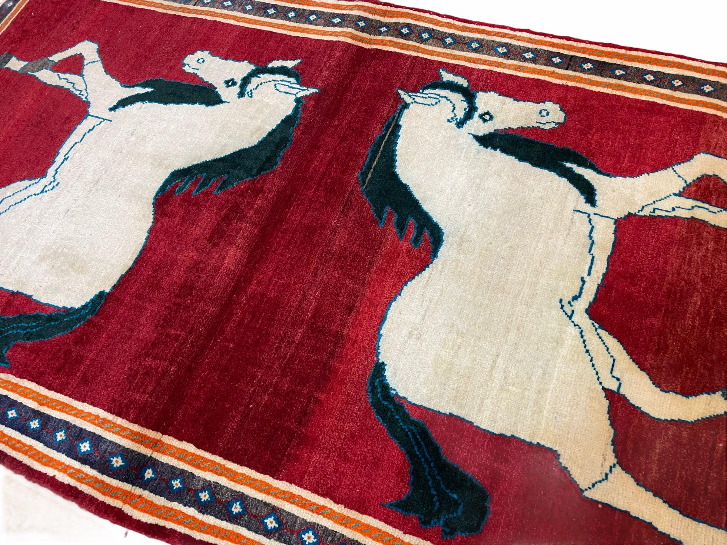 3.5 X 6 Handmade Hand-Knotted New Vintage Rug Quality Wool White Horses Red