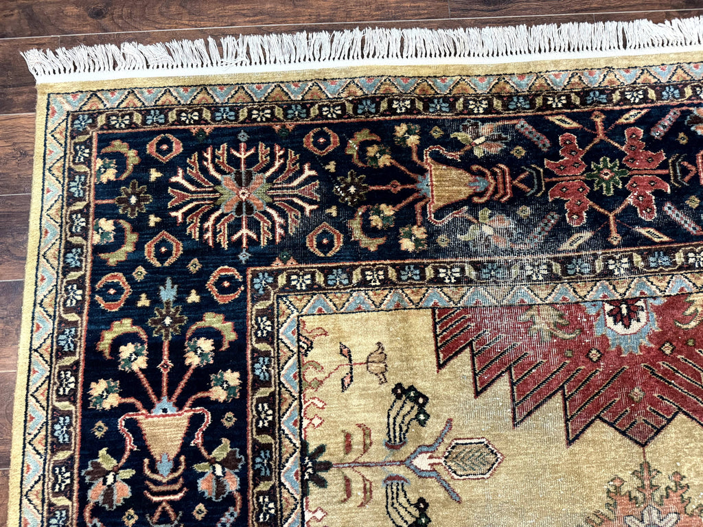 Indo Persian Heriz Rug 8x12, Camel Hair Tan and Navy Blue, Decorative