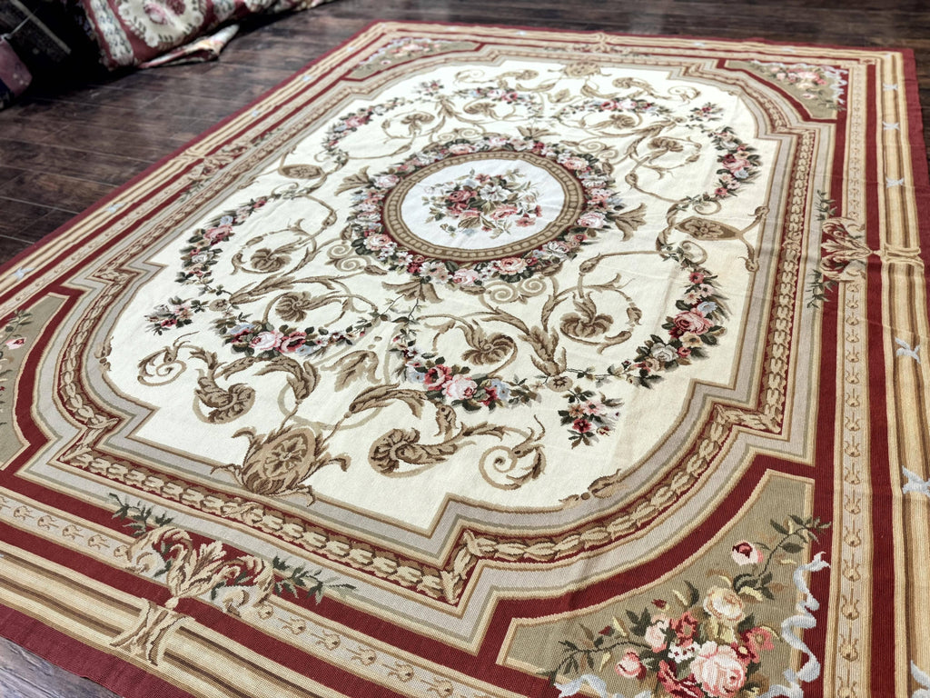 Aubusson Needlepoint Rug 9x11, Handmade Vintage Wool Flatweave Carpet, Elegant European Rug, Floral, Cream