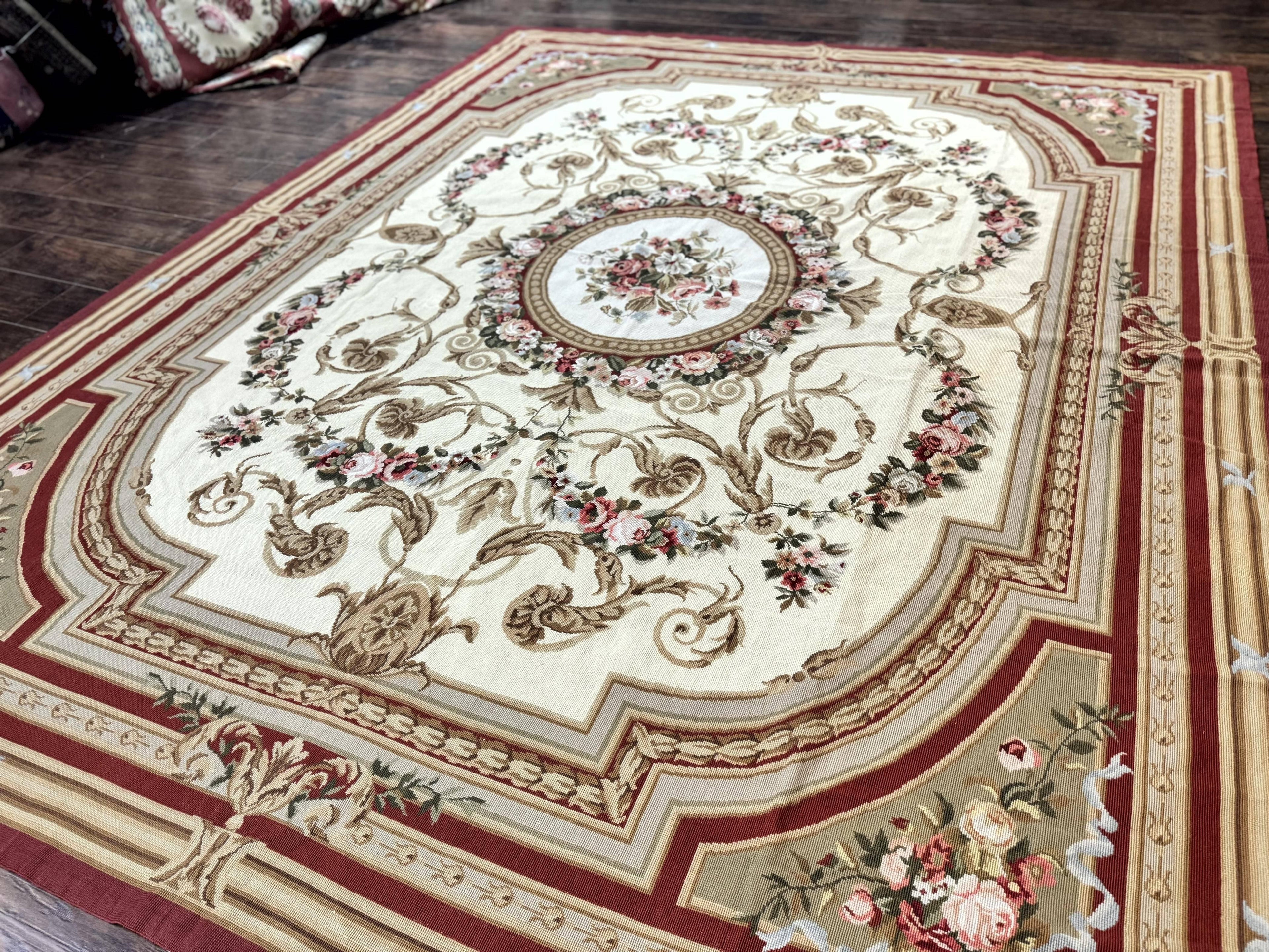 Aubusson Needlepoint Rug 9x11, Handmade Vintage Wool Flatweave Carpet, Elegant European Rug, Floral, Cream