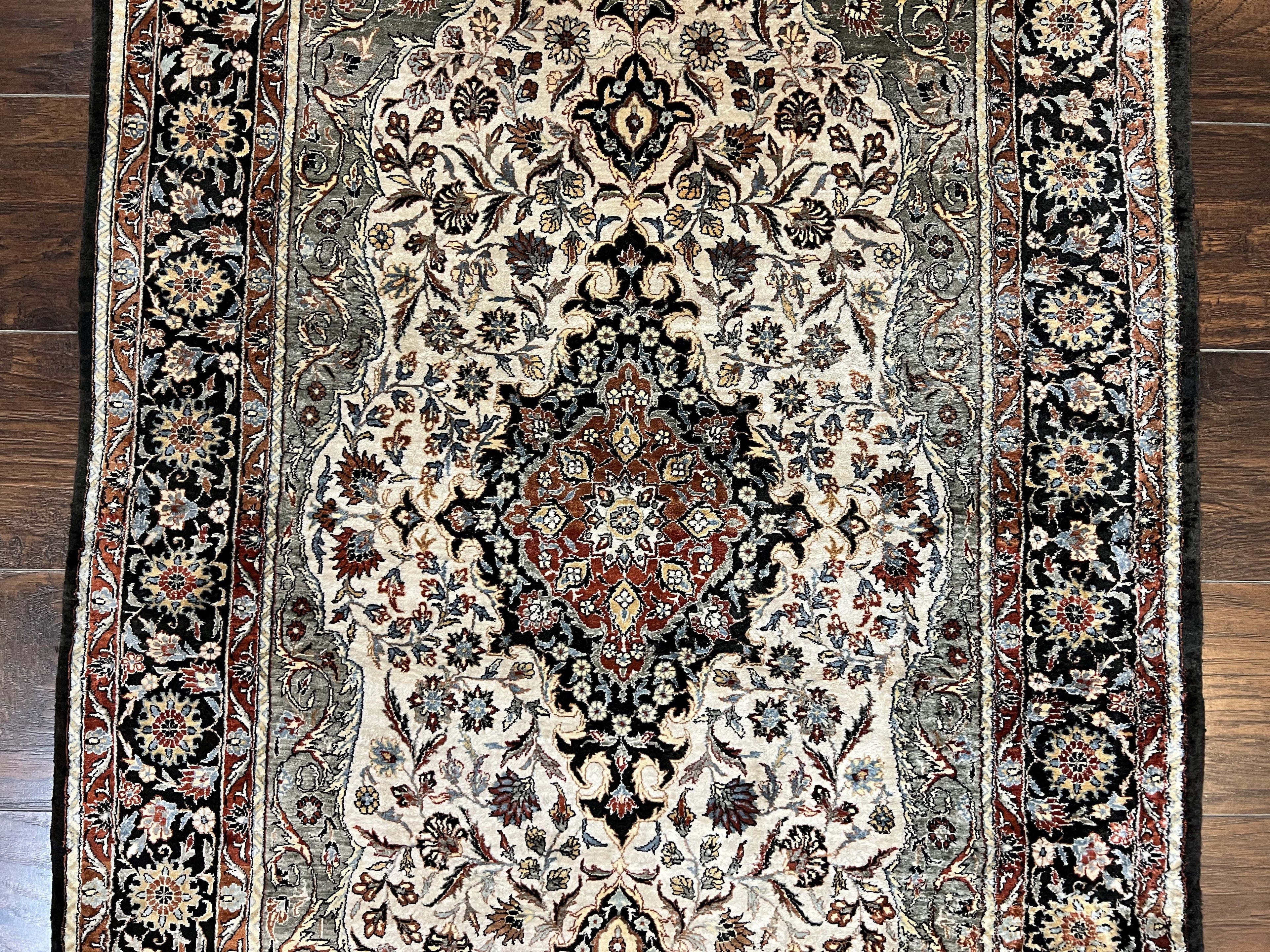 Silk Sino Persian Rug 3x5, Floral Medallion, Hand Knotted Silk Pile Silk Foundation, Traditional Silk Handmade Oriental Carpet, Cream Black