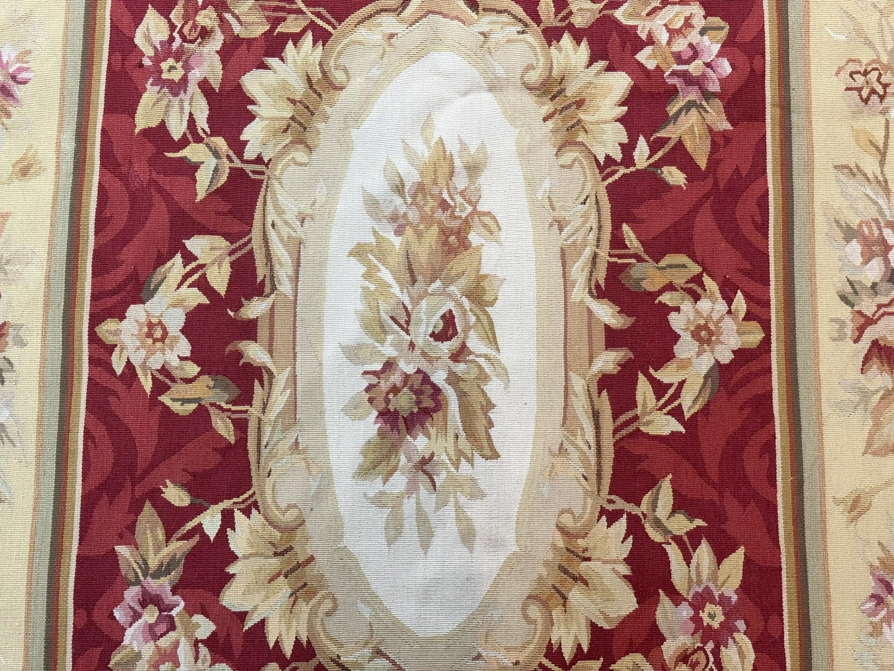 Aubusson Rug 4x6, Red, Floral, European Design, Vintage, Wool