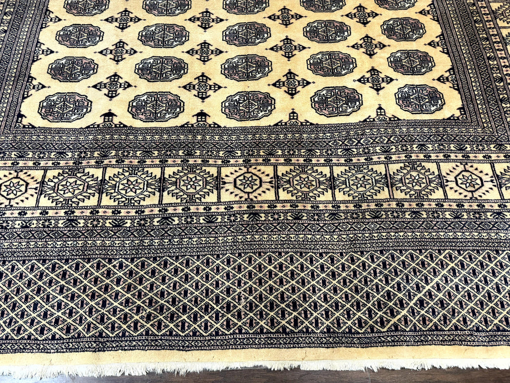 Pakistani Bokhara Turkoman Rug 9x11, Cream, Handmade Wool Vintage Carpet