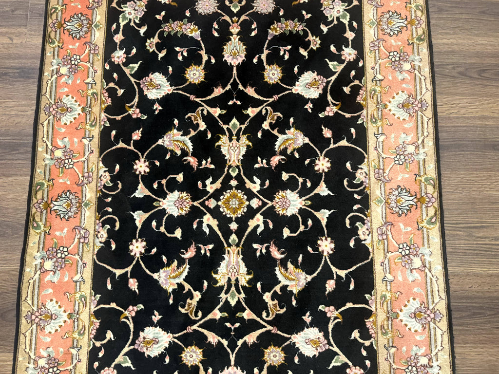 Persian Tabriz Rug 3x5 Black and Salmon Floral Fine Handmade 360 KPSI