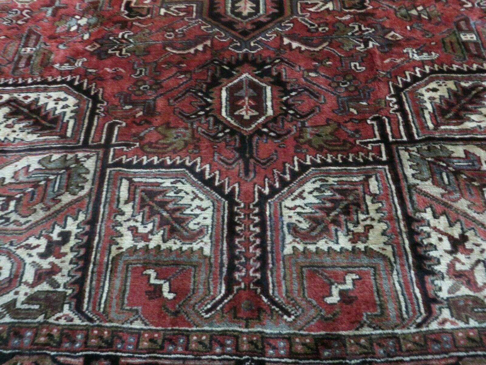 Persian Heriz Rug 8x12 Semi Antique Heriz Carpet, Room Sized Persian Carpet, Geometric Medallion, Wool, Hand Knotted, Red Ivory Dark Blue