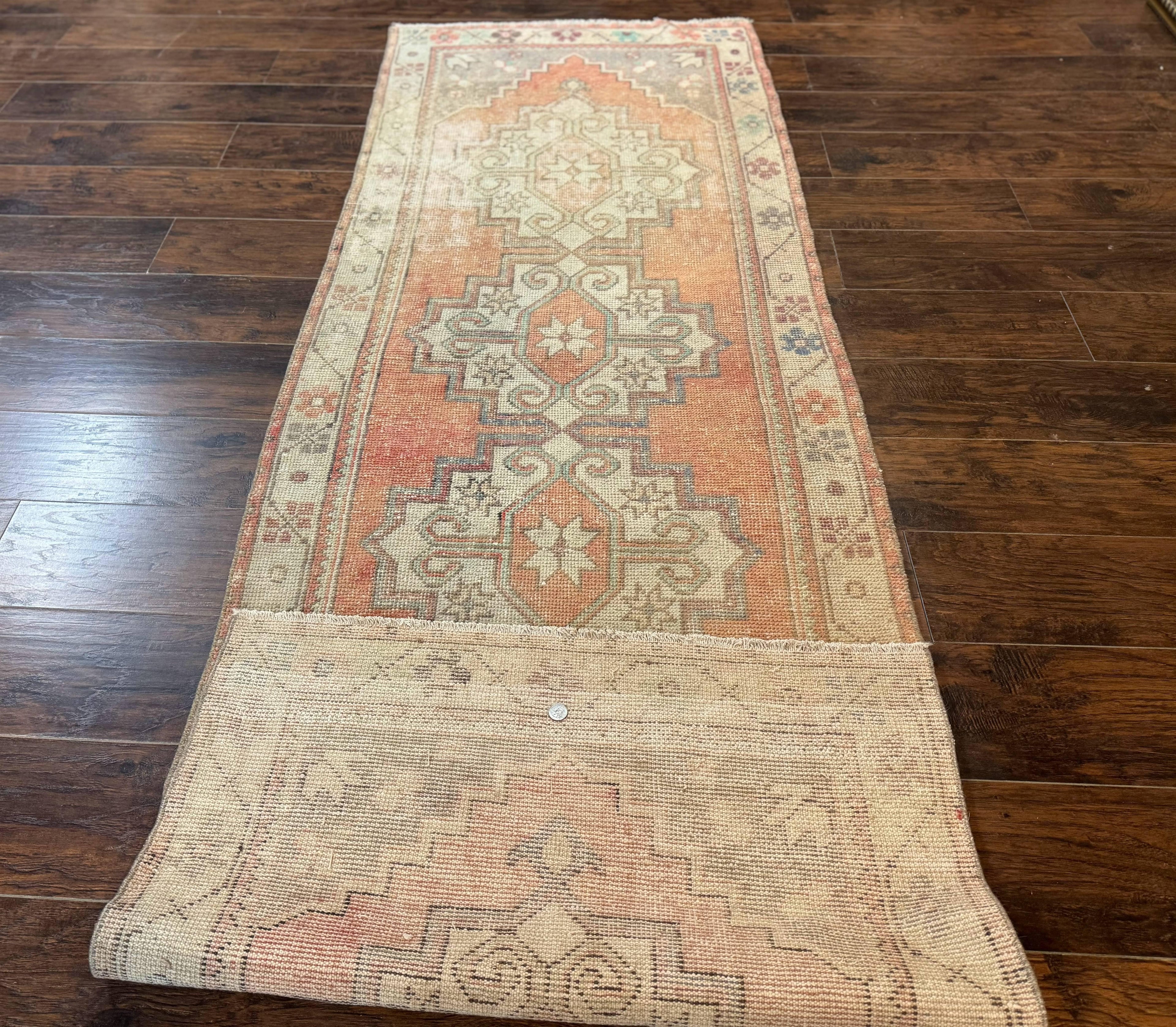 Antique Turkish Runner Rug 3 x 9.6, Farmhouse Rug, Geometric Runner, Handmade, Vintage Rug for Modern Home