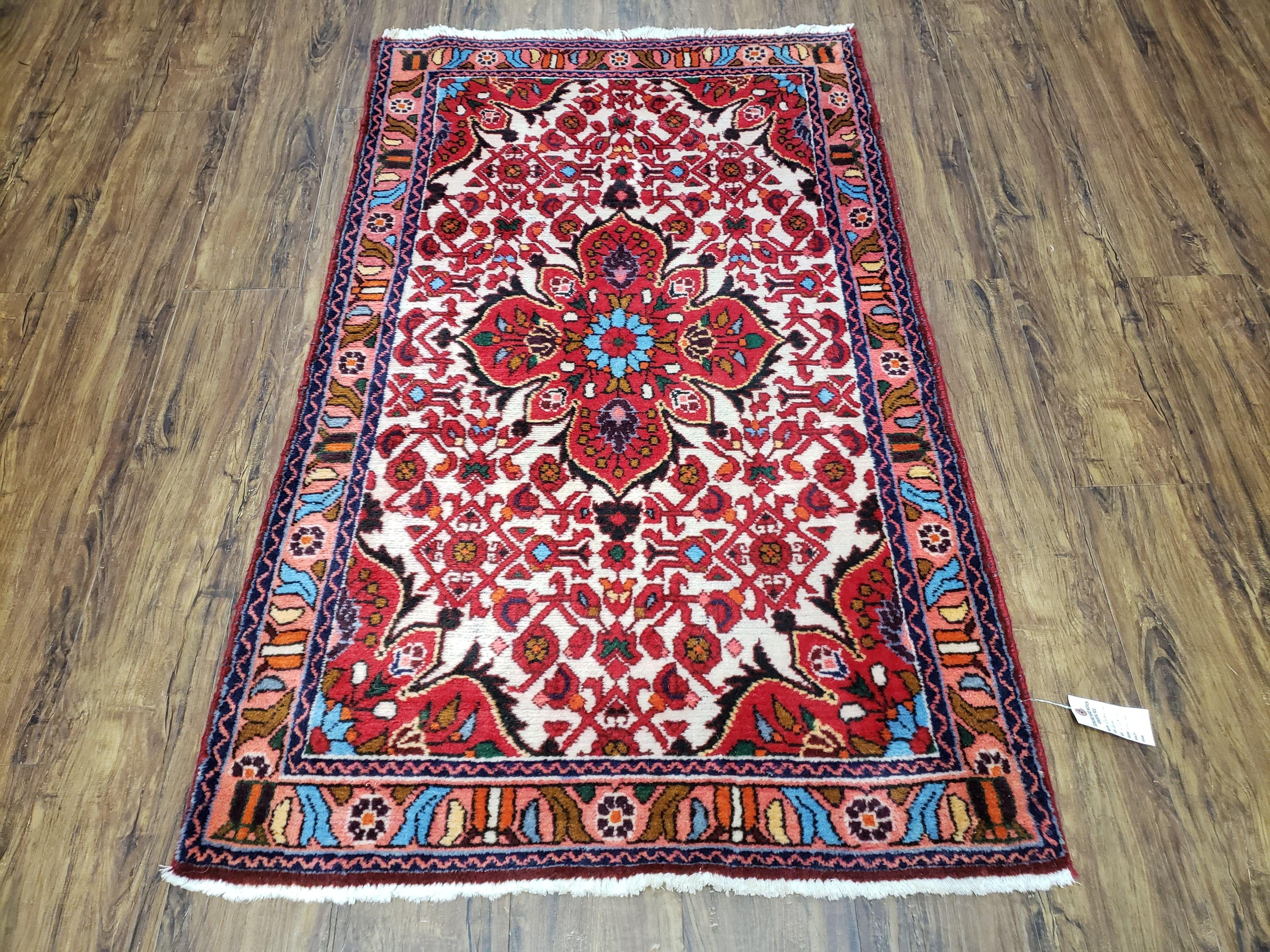 3' 2' X 5' 1" Handmade Floral Wool Rug Red Beige /Ivory