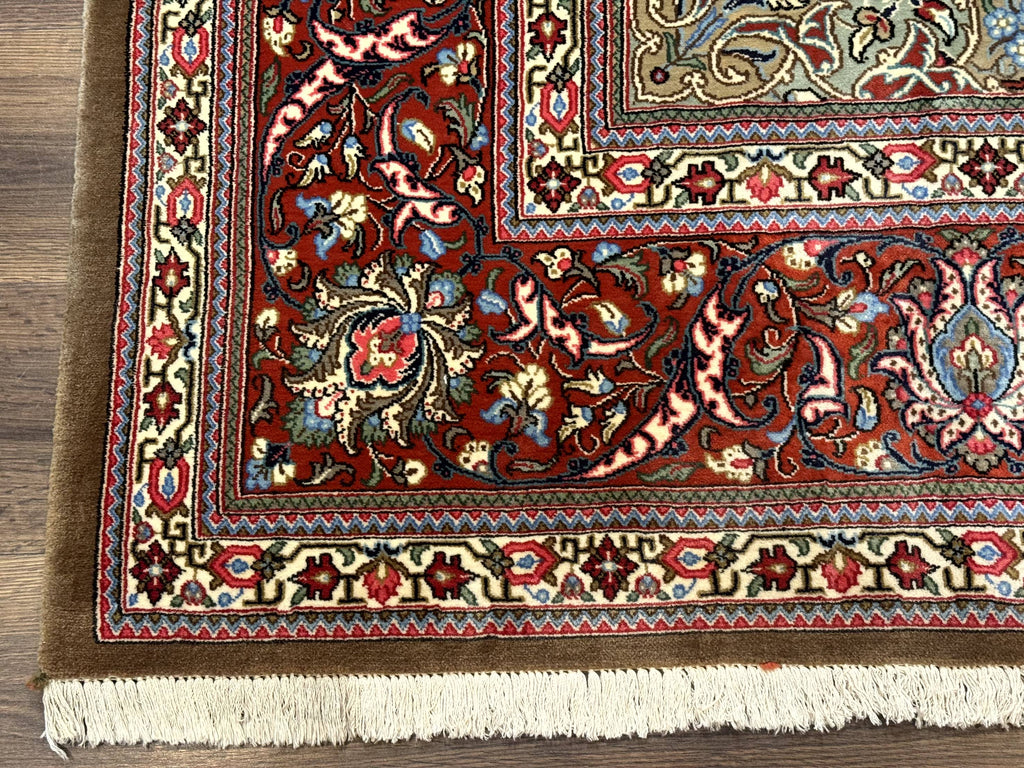 Persian Qum Rug 7x11, Beige and Red, Highly Detailed Floral Pattern, Fine 260 KPSI