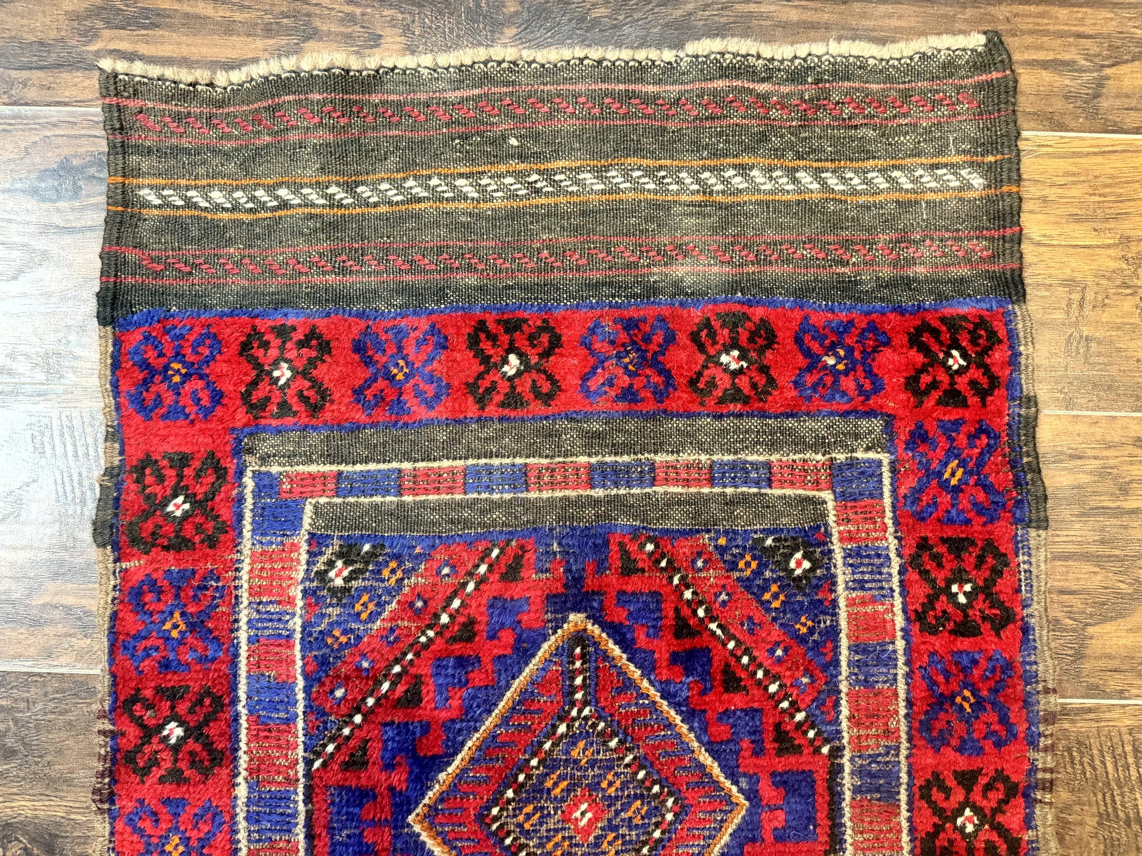 Turkoman Runner Rug 2 x 8.6, Skinny Runner, Handmade Wool Carpet for Hallway, Red and Blue, Wool, Vintage 8ft Runner