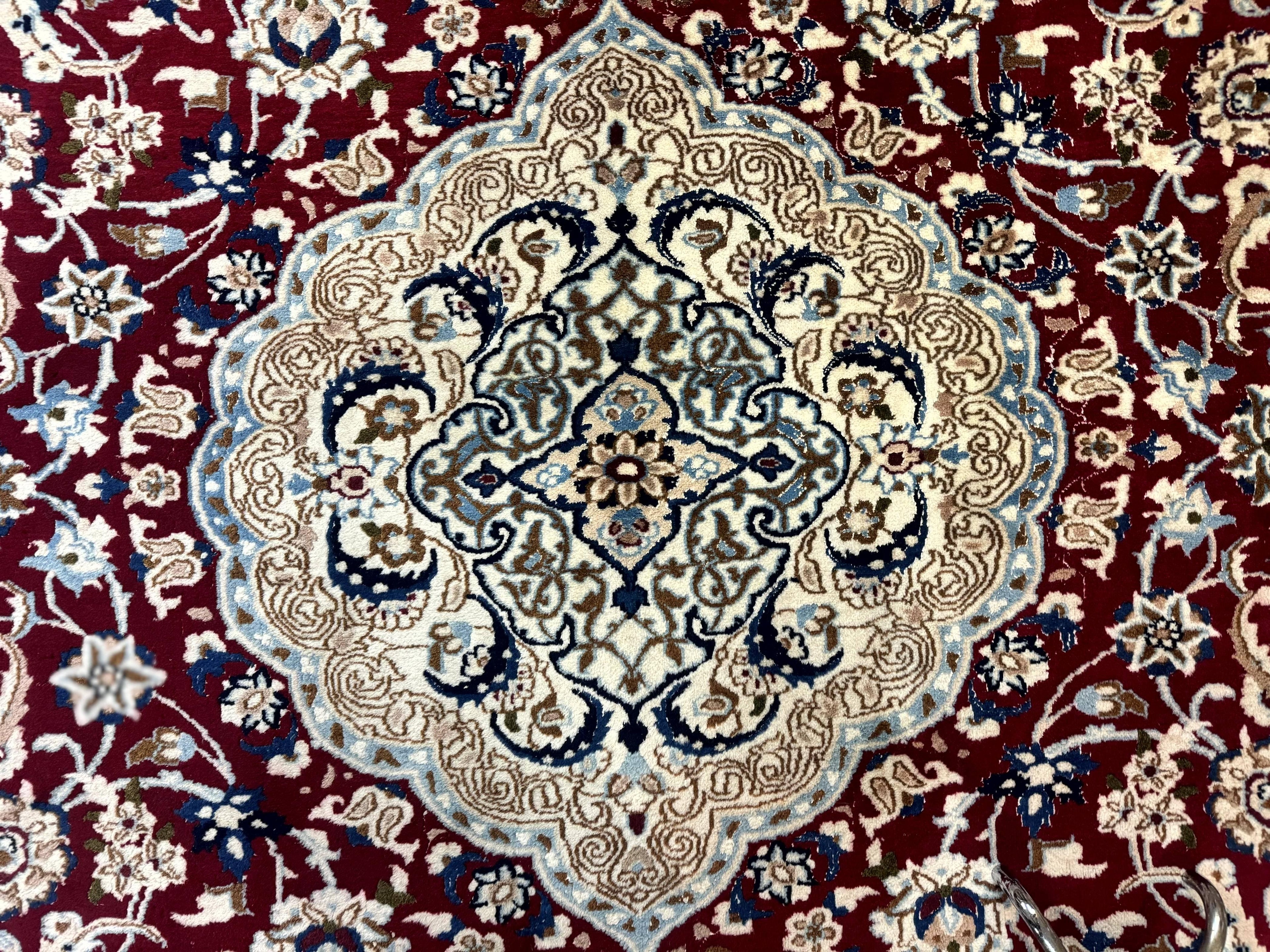 Persian Nain Rug 8x11, Wool and Silk Highlights, Burgundy & Ivory