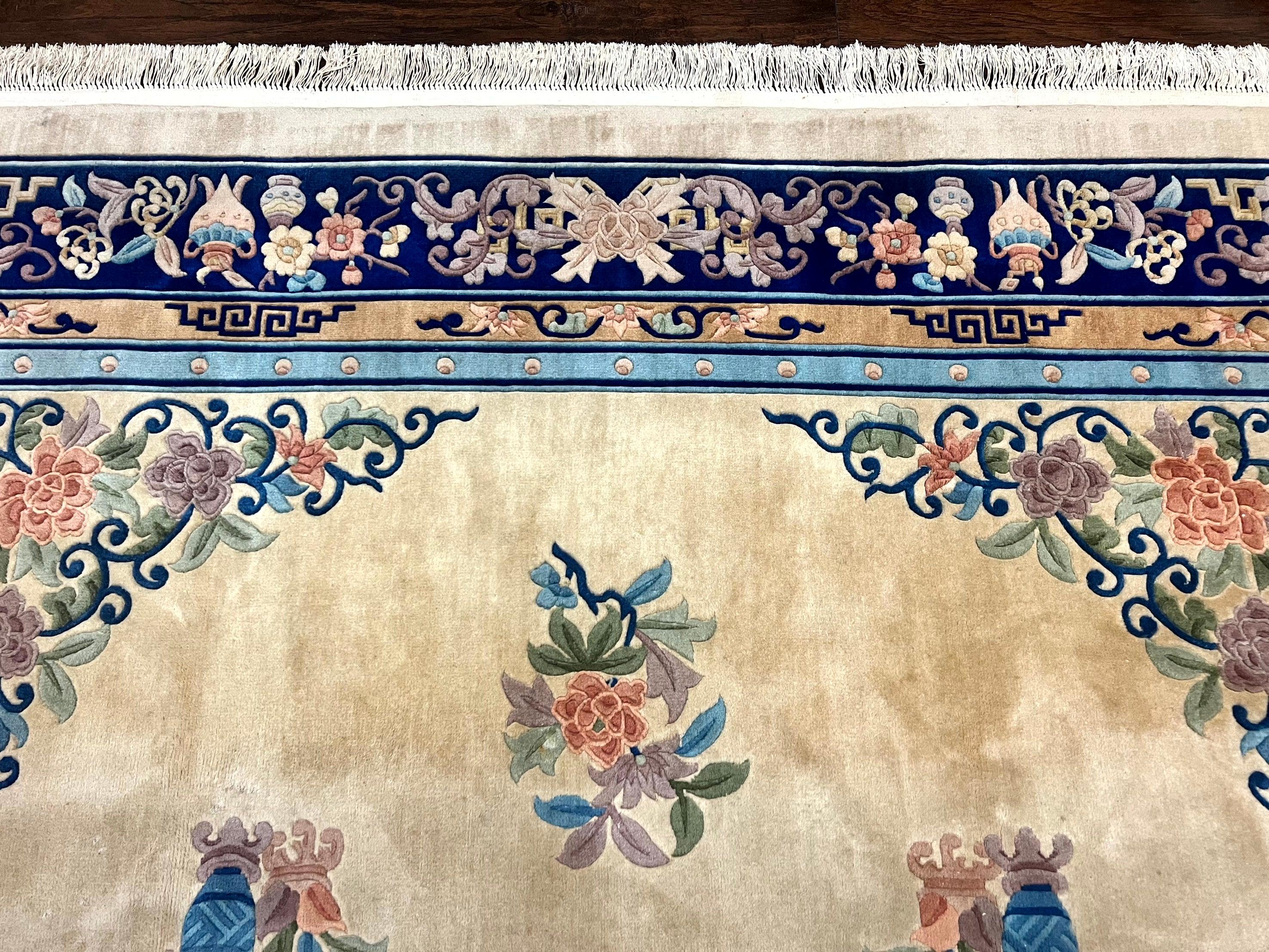 Chinese Wool Rug 8x11, Peking Asian Oriental Carpet, Cream/Ivory and Blue, Vintage Handmade Rug, Art Deco Rug