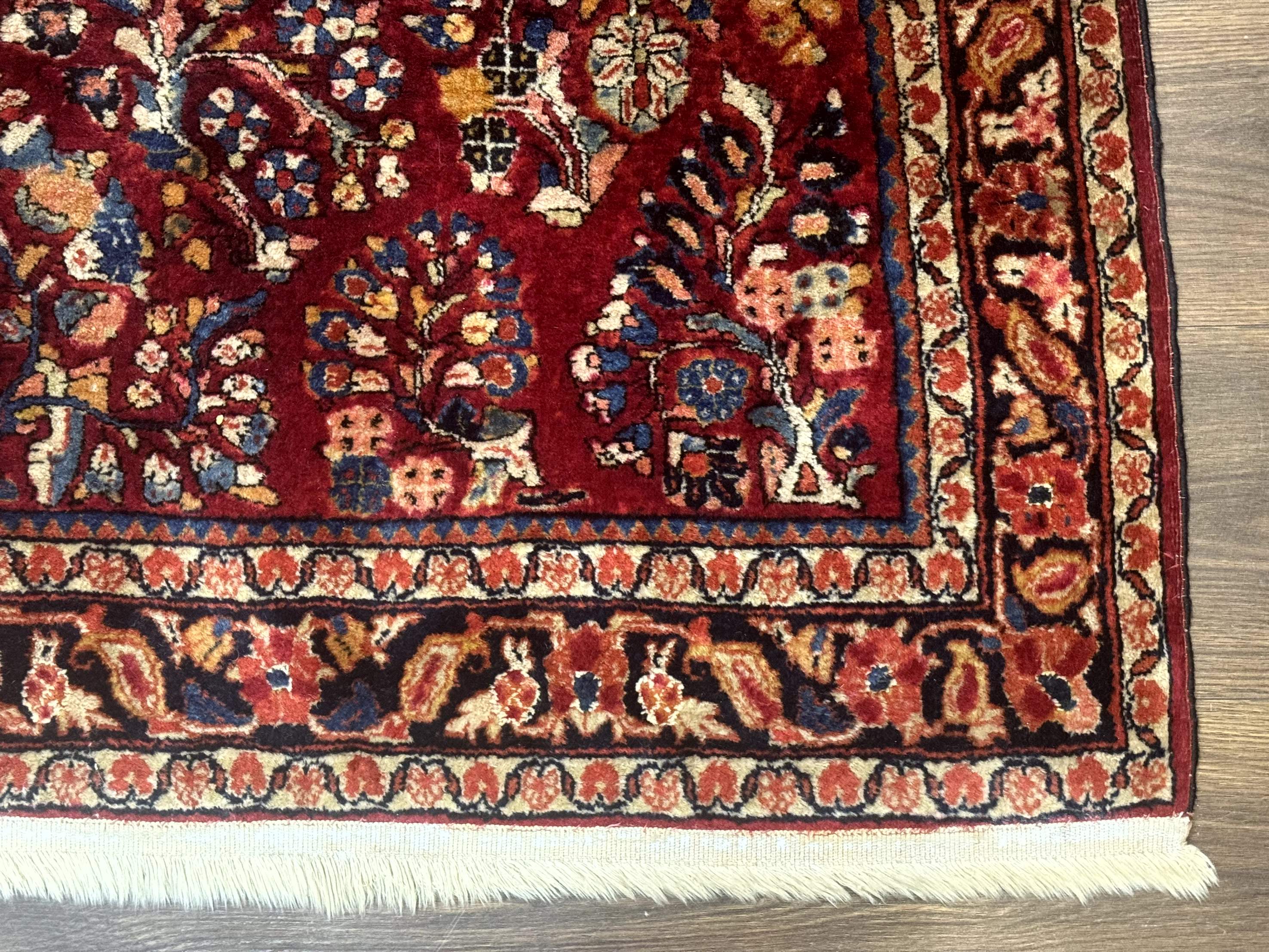 Antique Persian Sarouk Rug 4x6, Floral, Red, Wool Hand Knotted Fine 225 KPSI