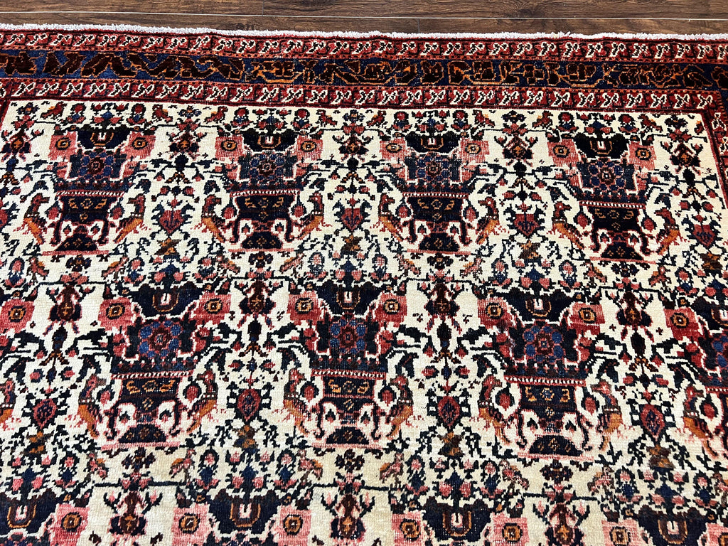 Persian Afshar Rug 6x8, Wool Hand Knotted Semi Antique Vintage Carpet, Floral Allover, Repeated Birds Flowers Vases Motifs