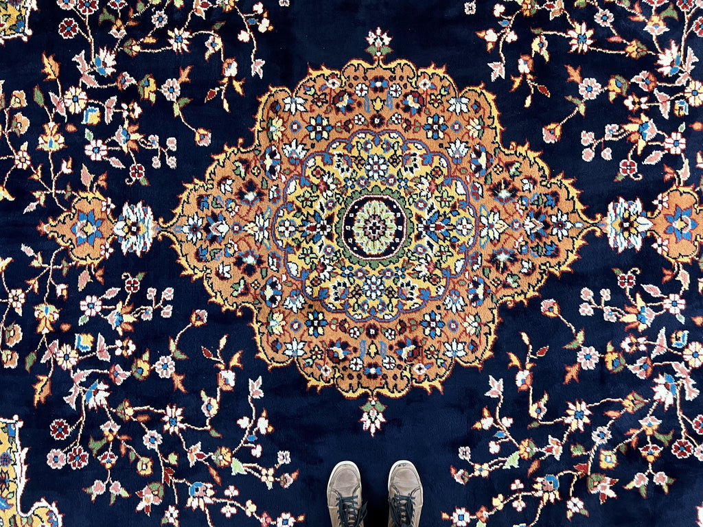 Indo Persian Rug 12x15, Mahal Sarouk Rug 12 x 15, Wool Hand Knotted Vintage Carpet, Navy Blue, Oversized Rug, Center Medallion