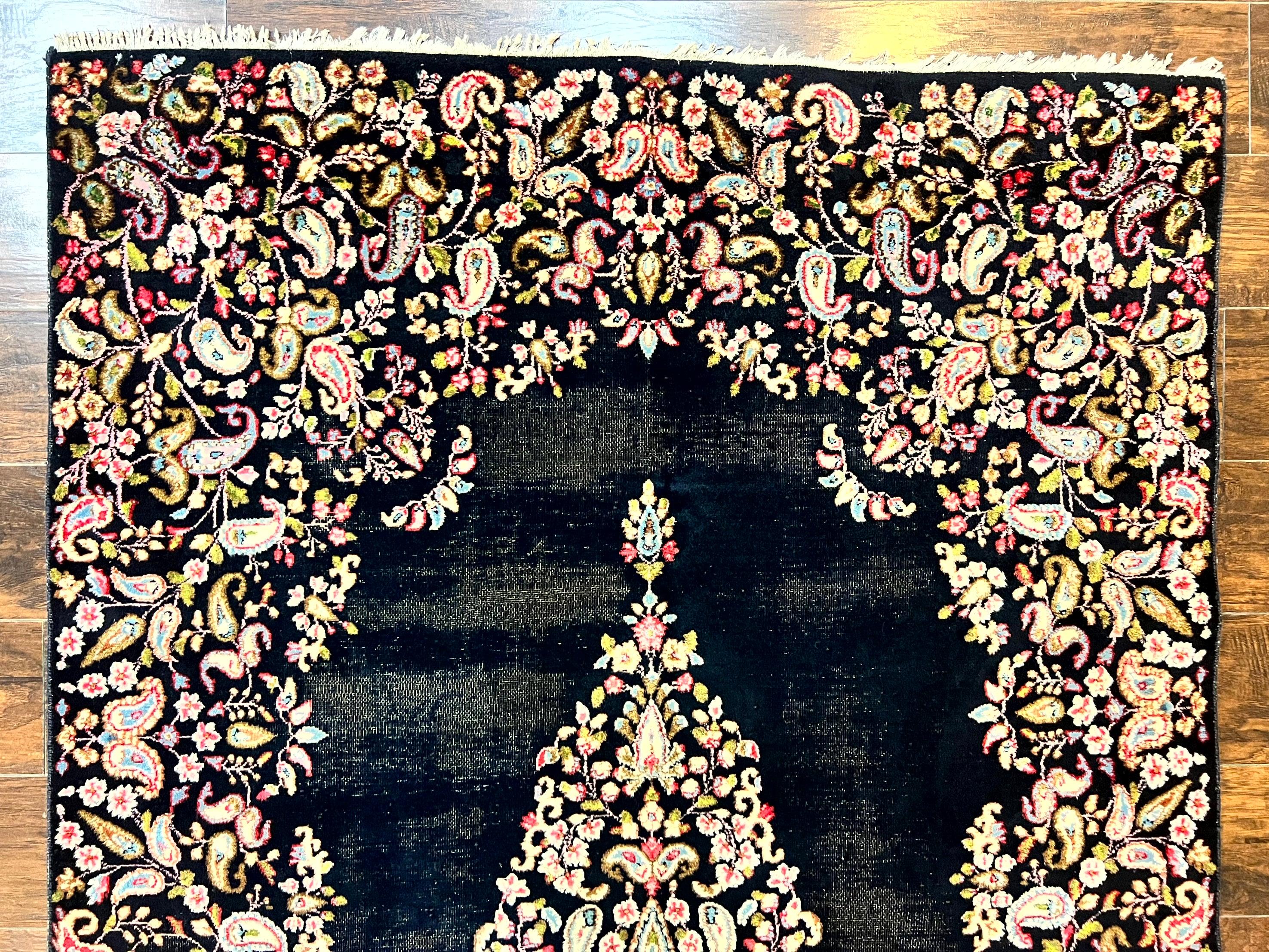 Antique Persian Kirman Rug 5x8, Floral Kirman, Midnight Blue/Black, Semi Open Field, Handmade Vintage Wool Carpet