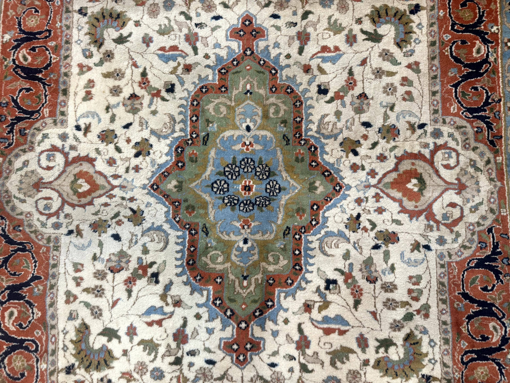 Indo Persian Rug 9x12, Ivory Red Green, Traditional Oriental Carpet
