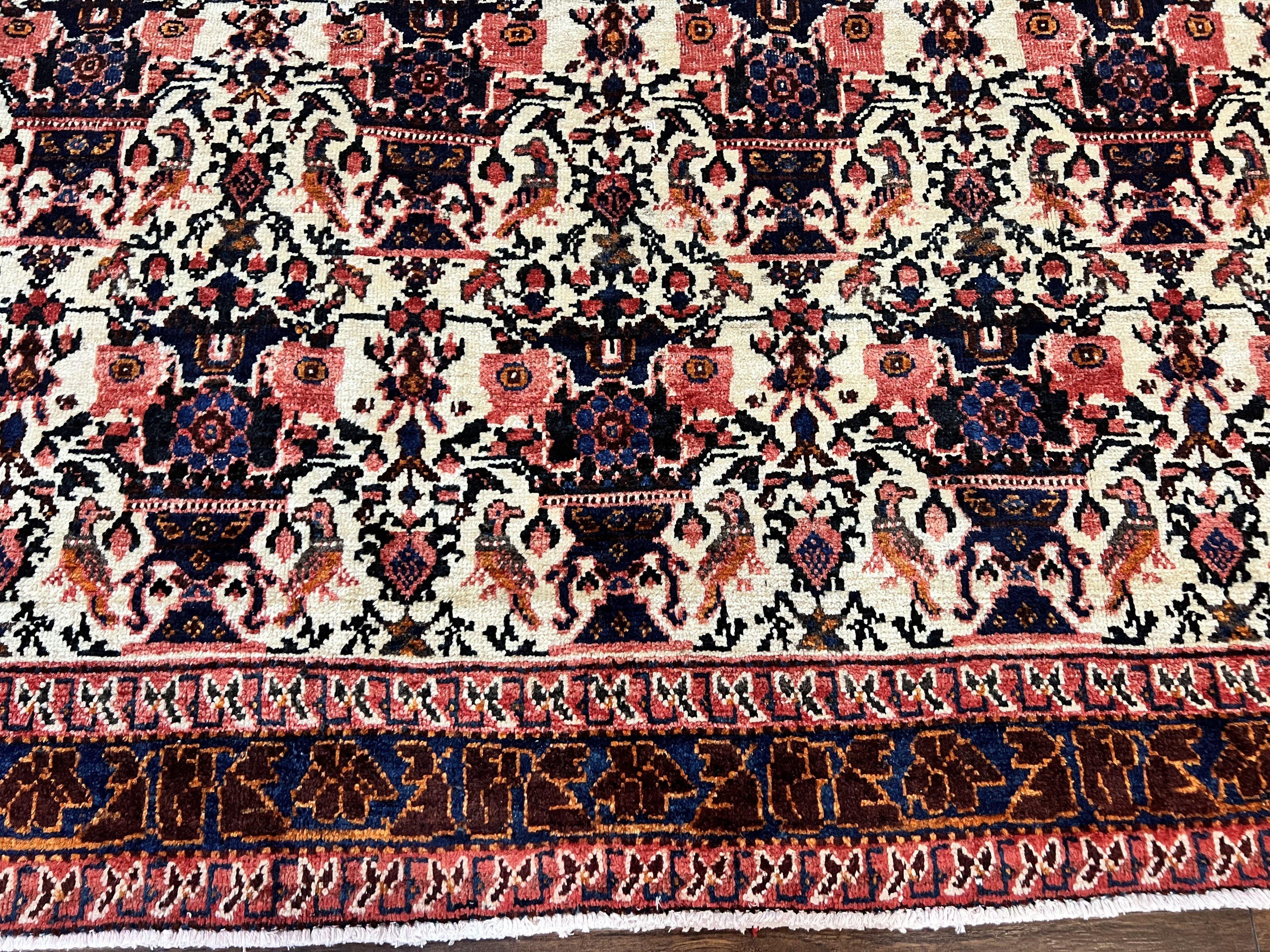 Persian Afshar Rug 6x8, Wool Hand Knotted Semi Antique Vintage Carpet, Floral Allover, Repeated Birds Flowers Vases Motifs