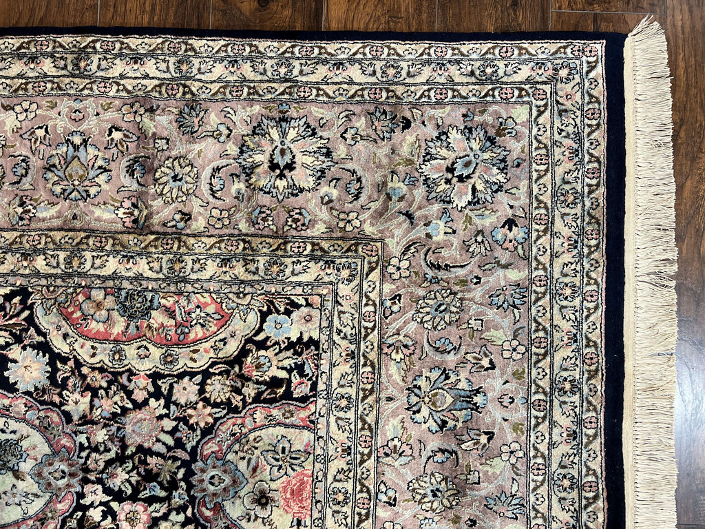 Sino Persian Rug 9x12, Navy Blue and Pink Hand Knotted Wool and Silk Highlights Vintage Oriental Carpet, Handmade Floral Area Rug 9 x 12 ft