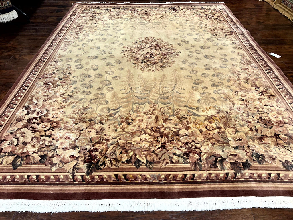 Aubusson Wool Rug 9x11, Wool with Silk Highlights, European Design, Vintage, Handmade, Floral, Fine 210 KPSI