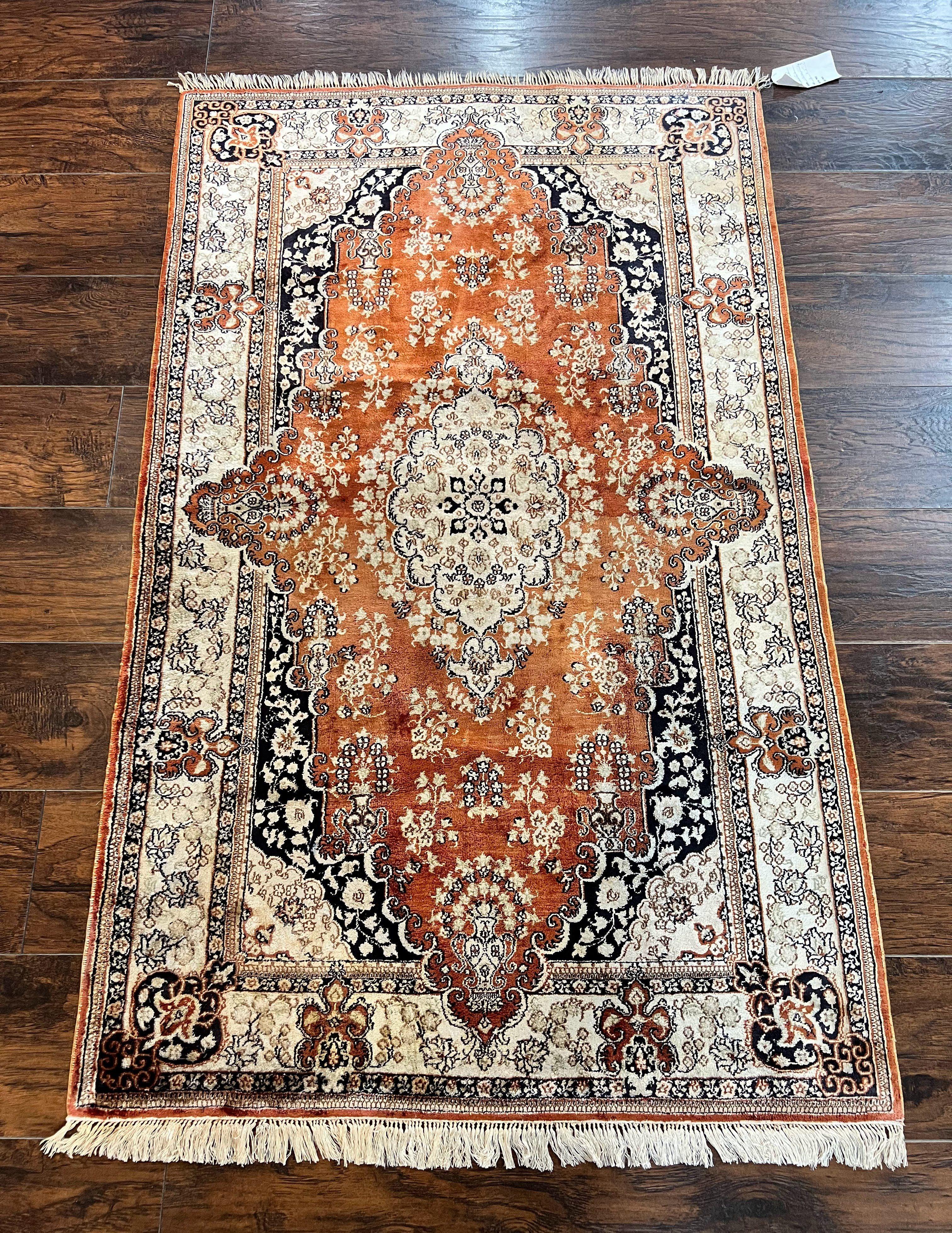 Turkish Silk Rug 3x5, Very Fine 400 KPSI, Floral Medallion, Hand Knotted